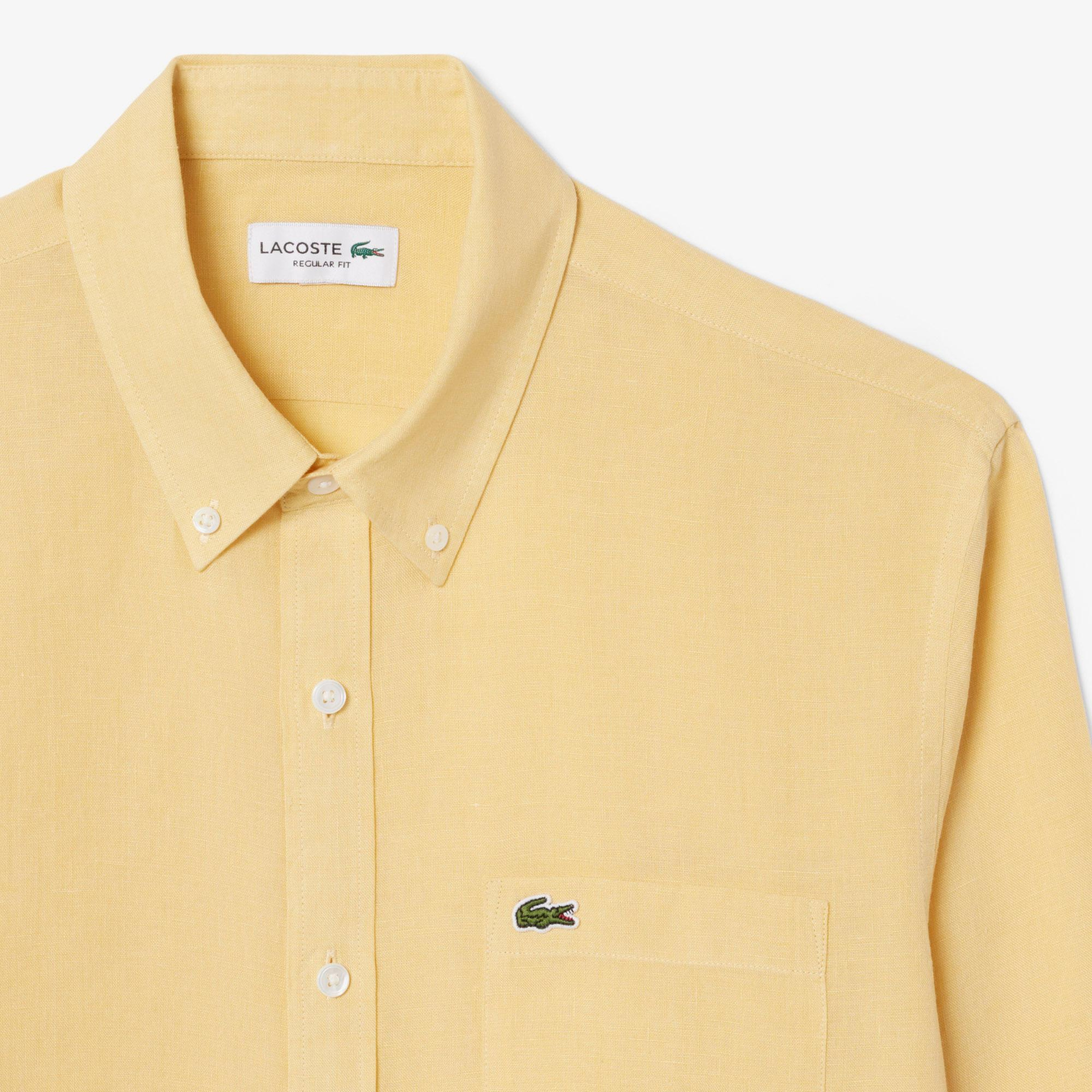 Lacoste Erkek Regular Fit Düğmeli Yaka Keten Sarı Gömlek
