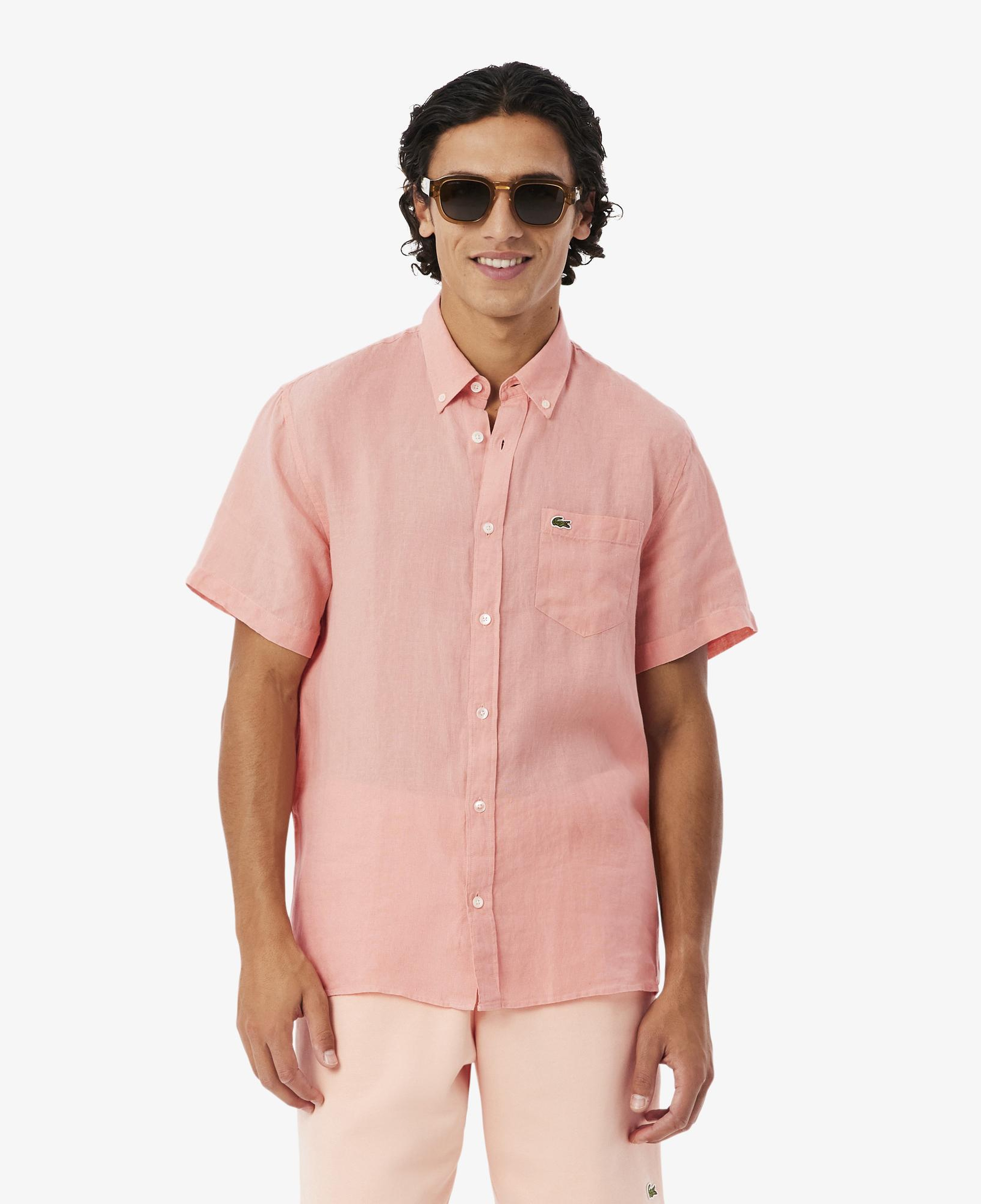 Lacoste Erkek Regular Fit Kısa Kollu Düğmeli Yaka Keten Pembe Gömlek