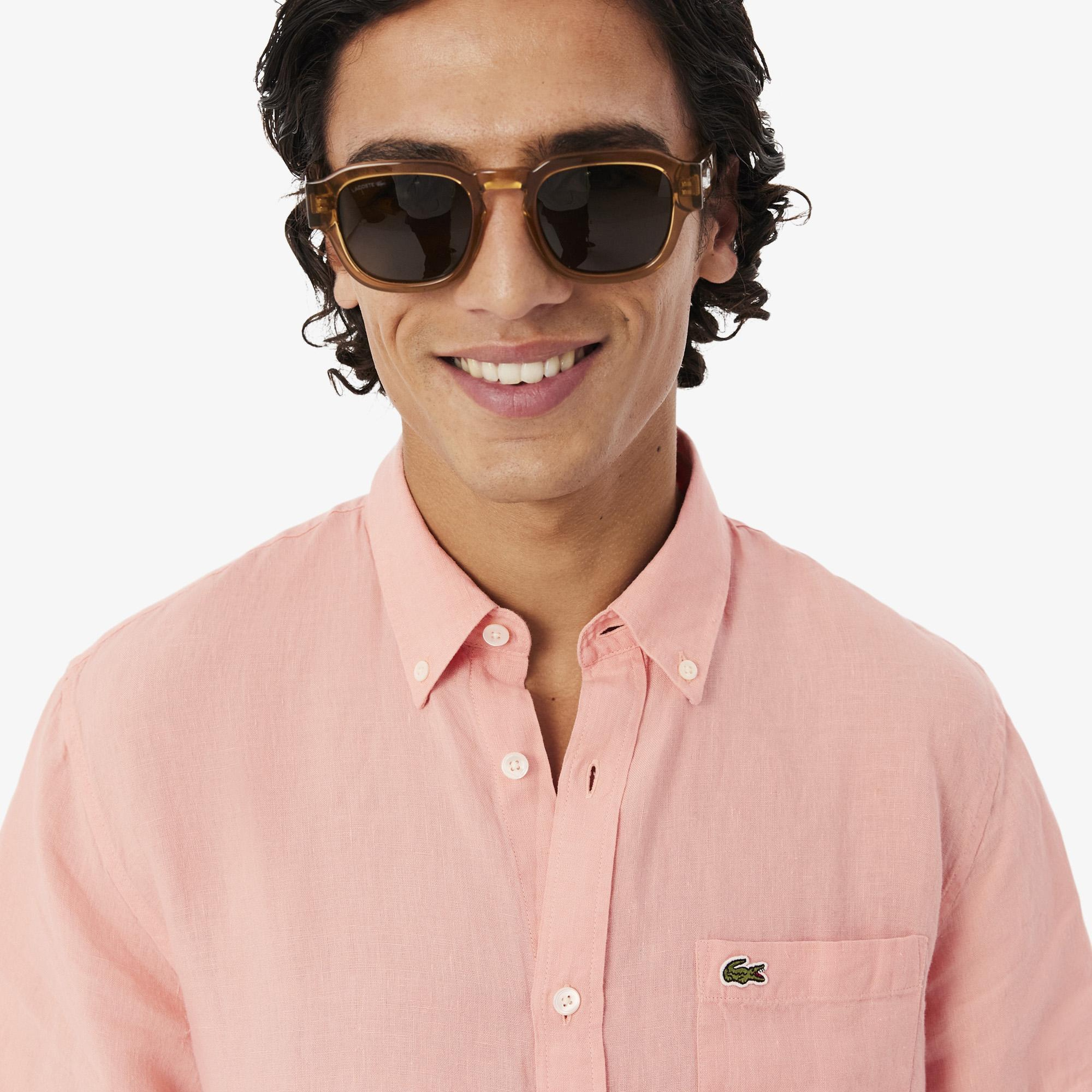 Lacoste Erkek Regular Fit Kısa Kollu Düğmeli Yaka Keten Pembe Gömlek