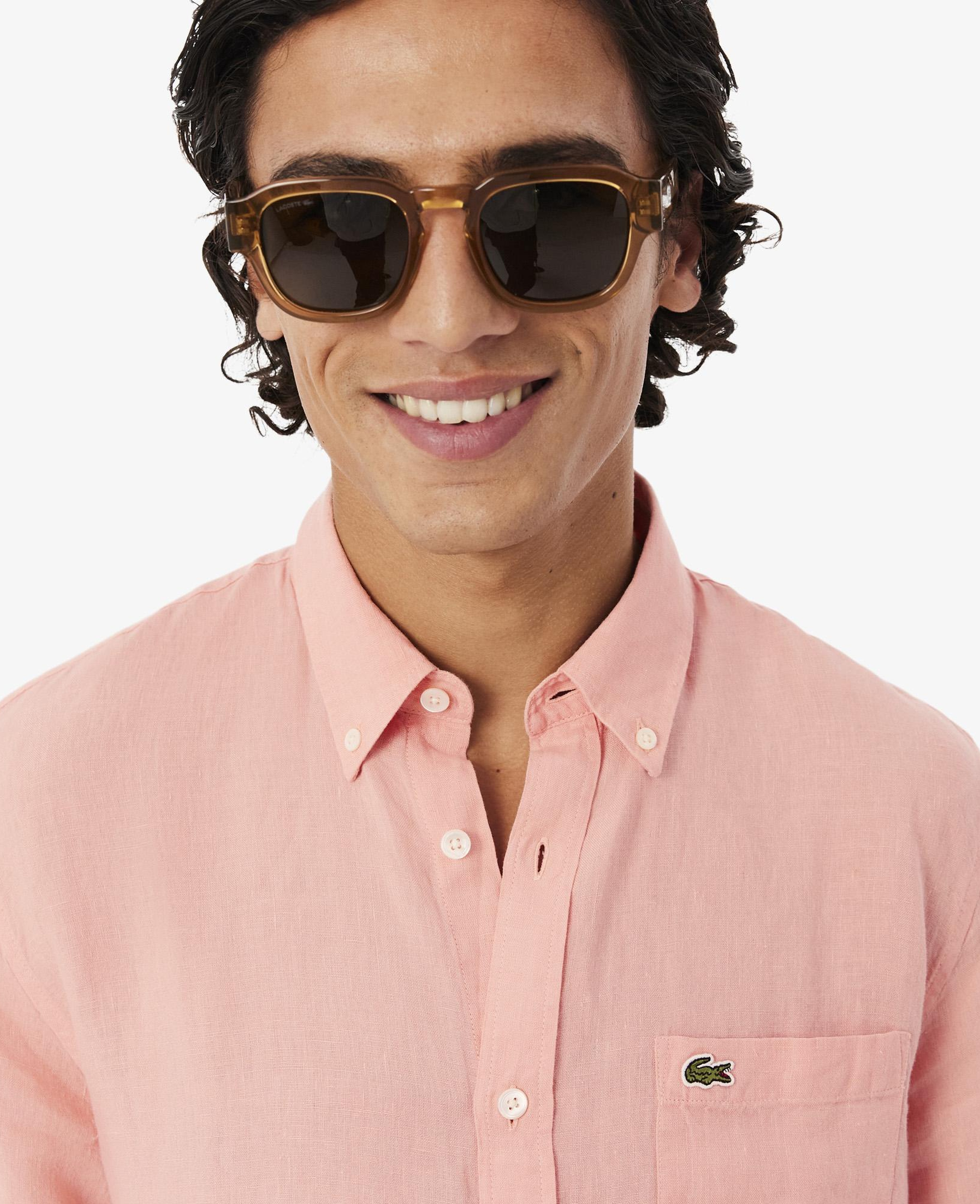 Lacoste Erkek Regular Fit Kısa Kollu Düğmeli Yaka Keten Pembe Gömlek