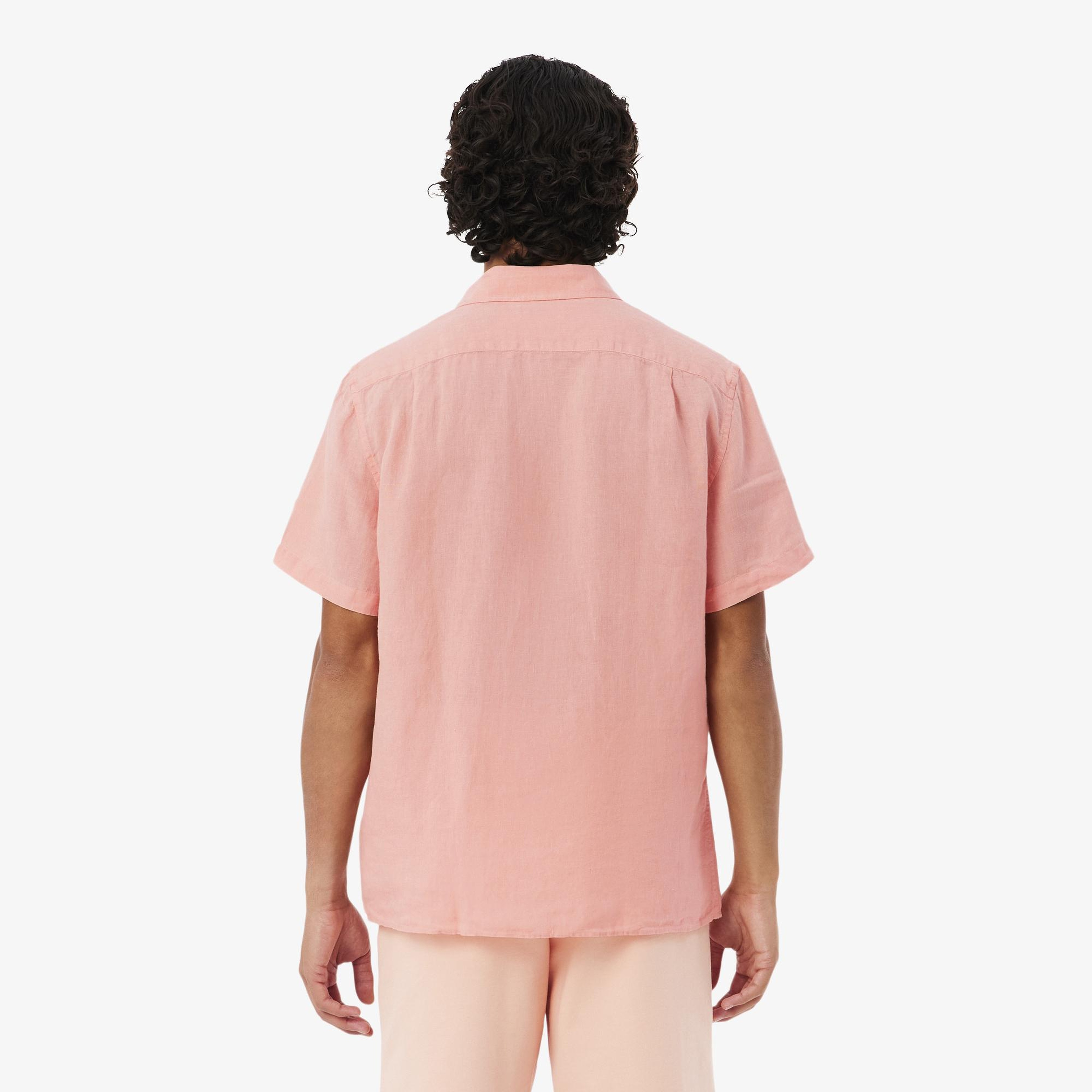Lacoste Erkek Regular Fit Kısa Kollu Düğmeli Yaka Keten Pembe Gömlek
