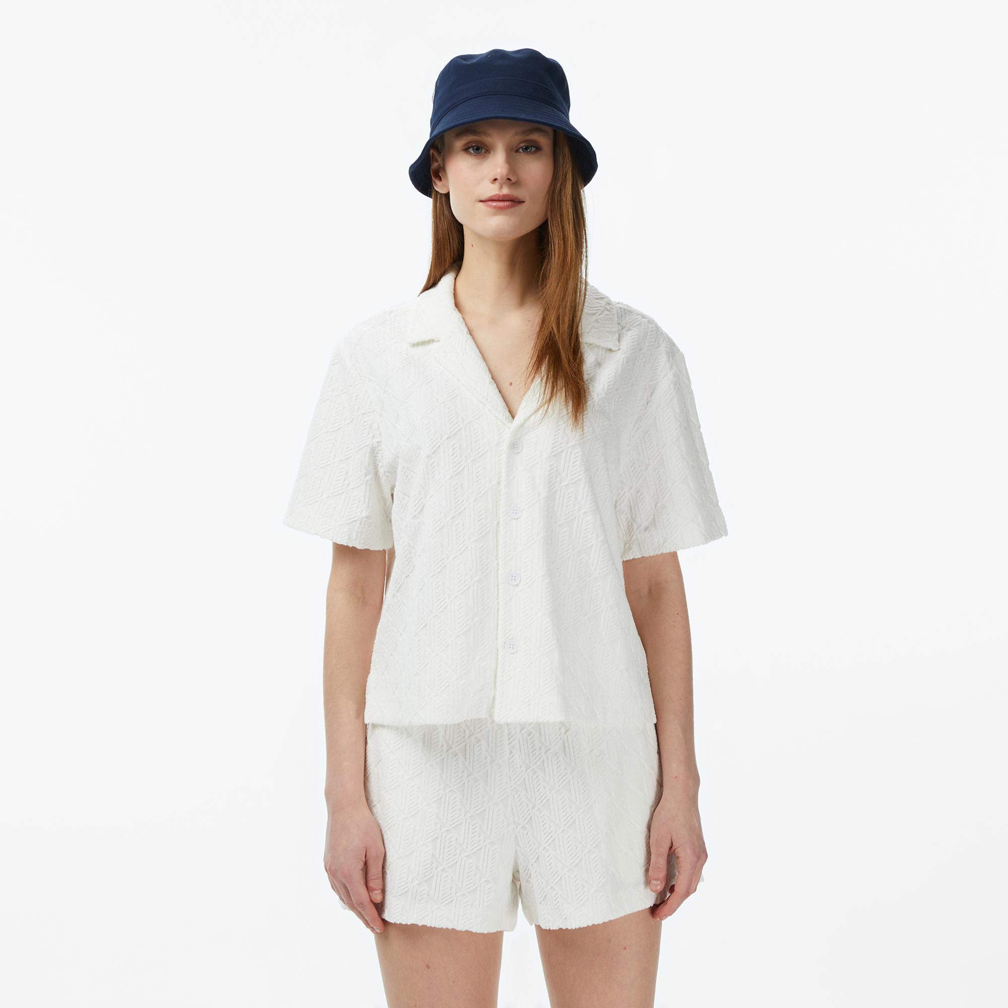 Lacoste Kadın Regular Fit Kısa Kollu Monogram Beyaz Gömlek