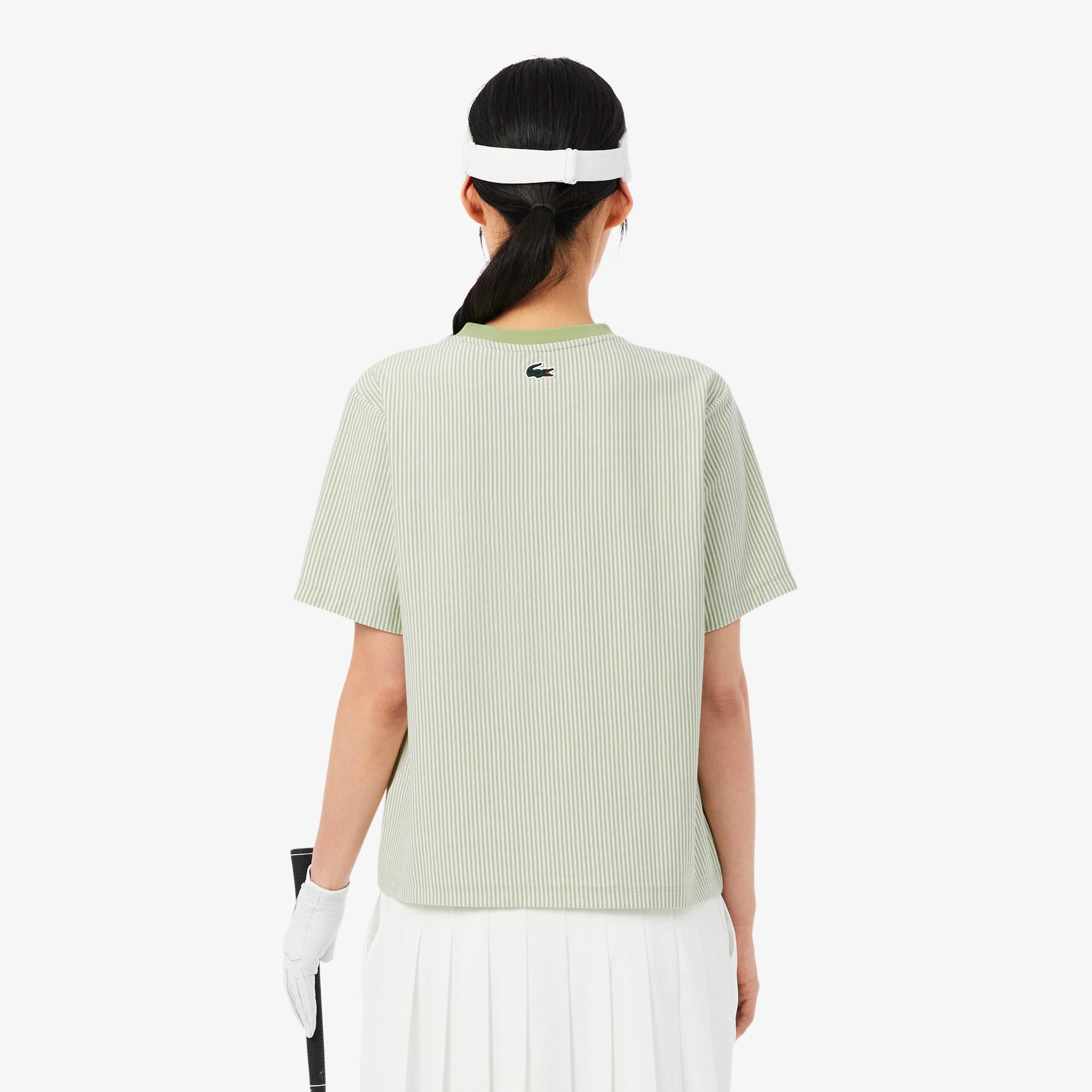 Lacoste Kadın Regular Fit Bisiklet Yaka Çizgili Yeşil T-Shirt