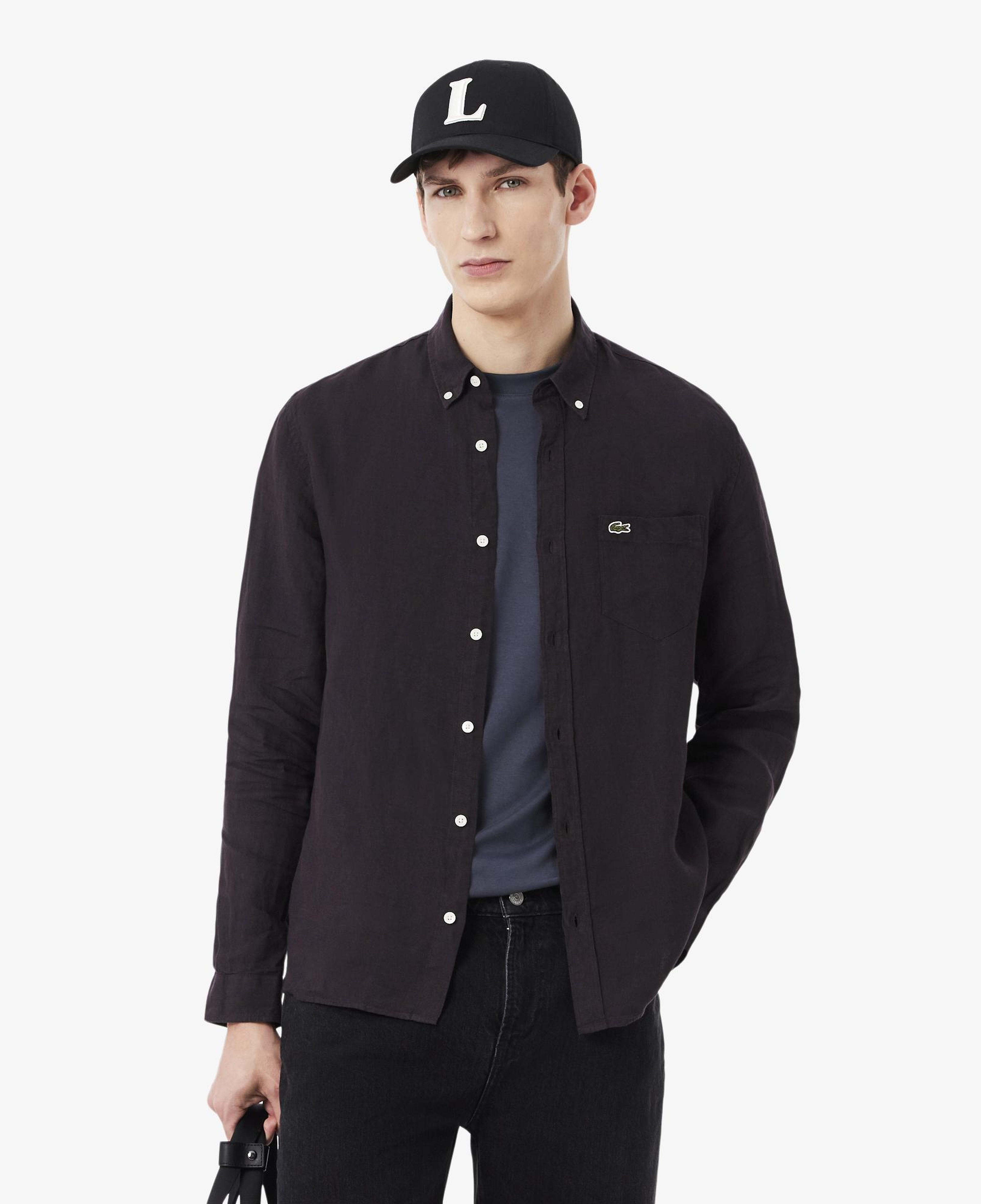 Lacoste Erkek Regular Fit Düğmeli Yaka Keten Koyu Kahverengi Gömlek