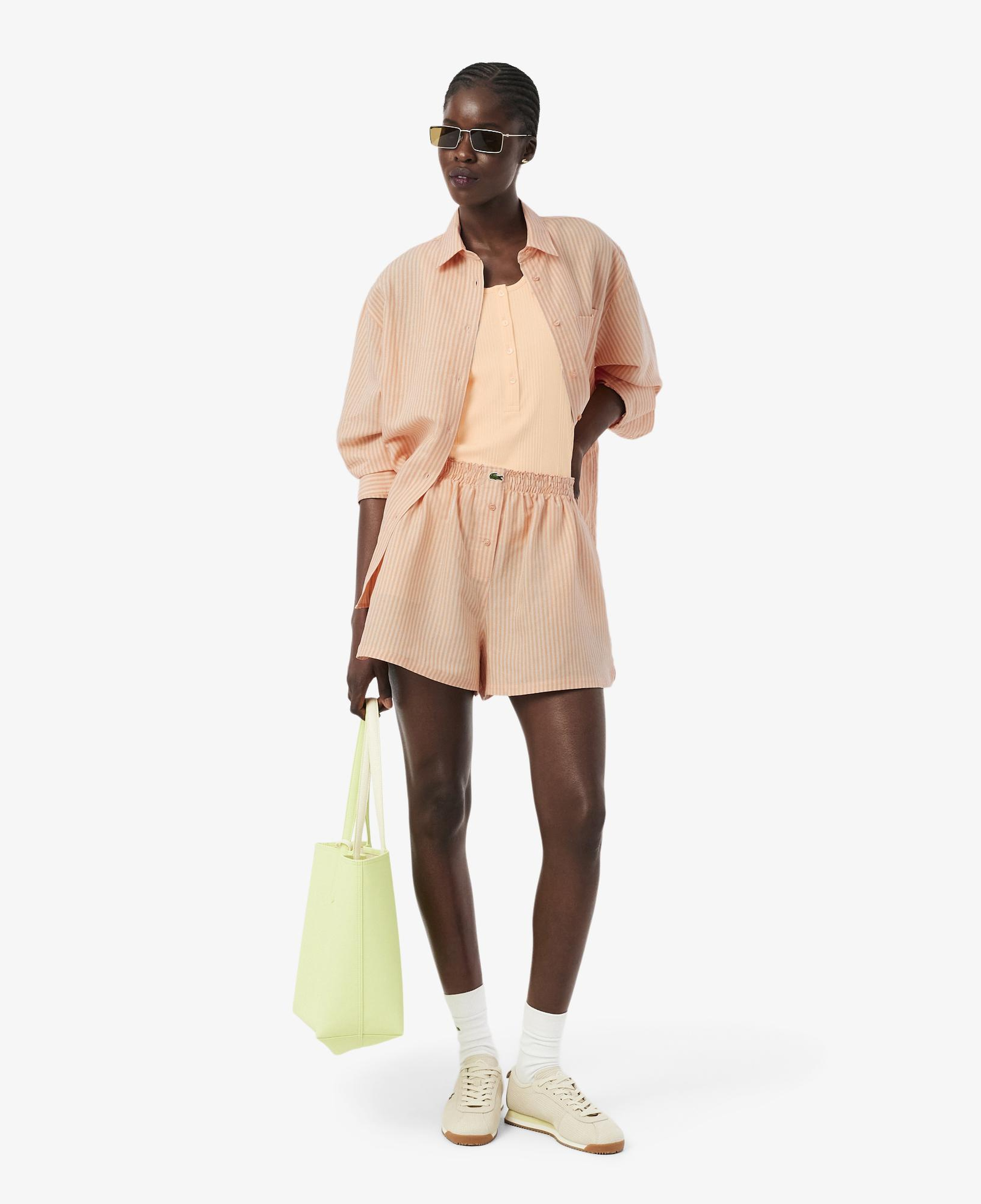 Lacoste Kadın Oversize Fit Çizgili Keten Turuncu Gömlek