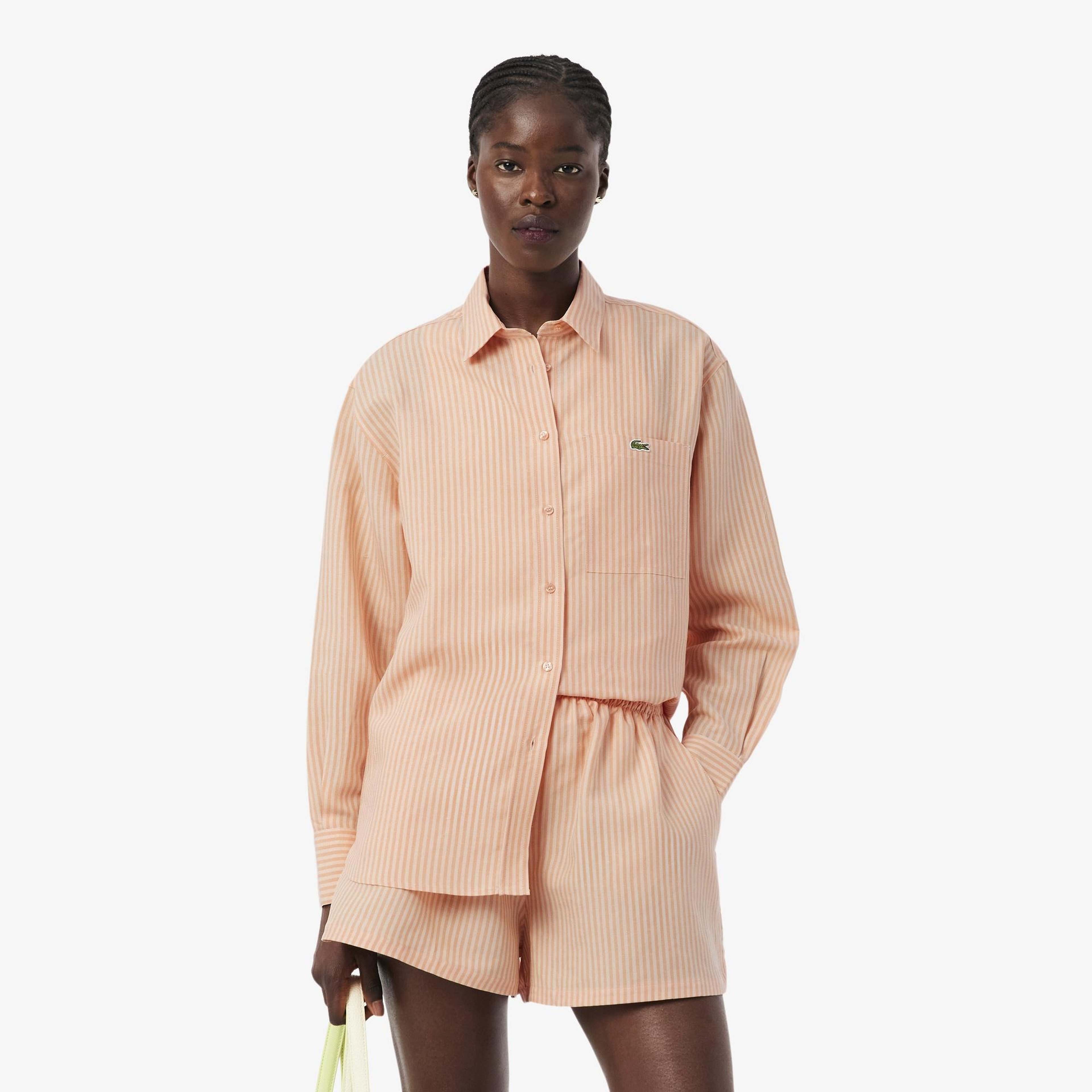 Lacoste Kadın Oversize Fit Çizgili Keten Turuncu Gömlek