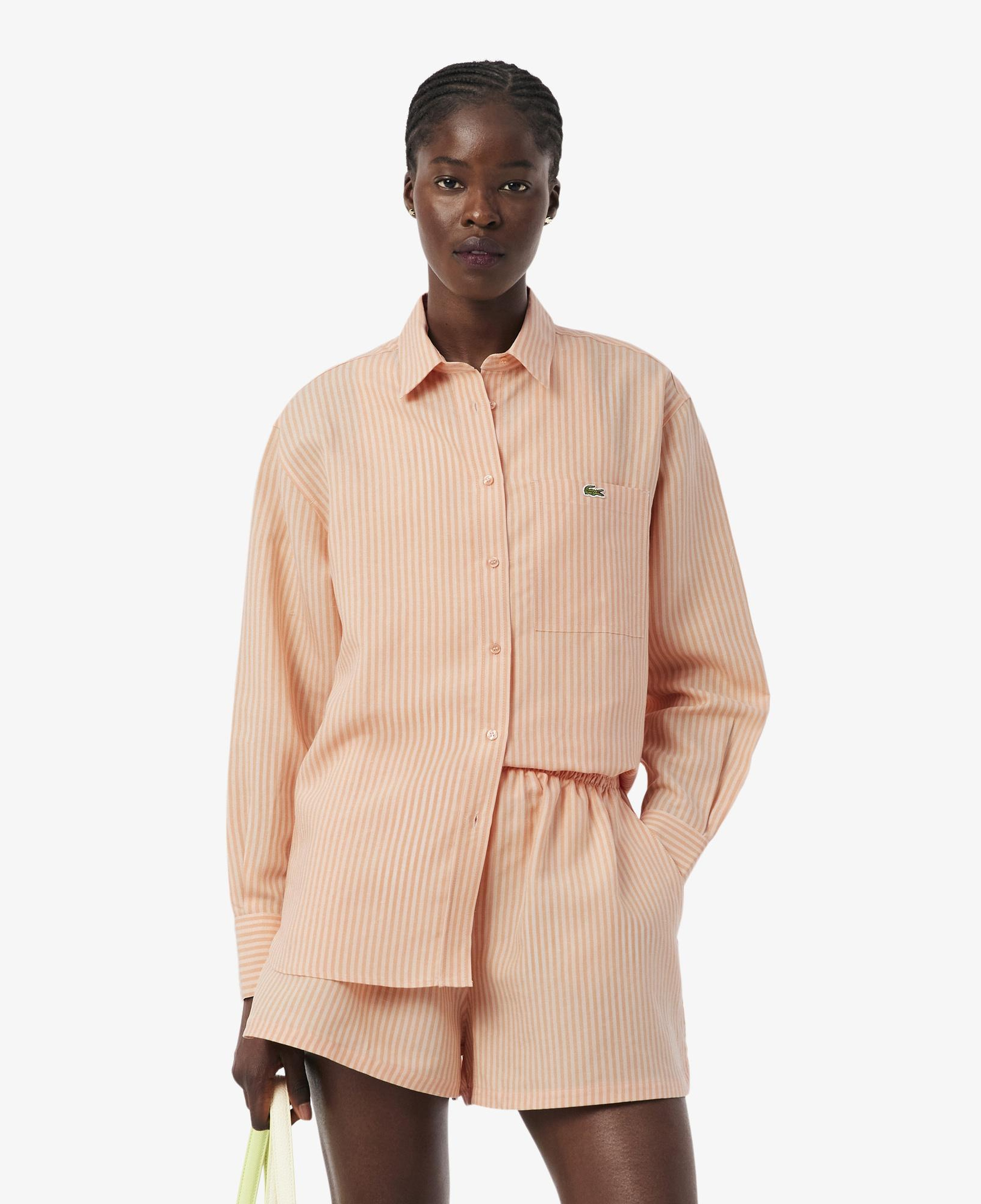 Lacoste Kadın Oversize Fit Çizgili Keten Turuncu Gömlek