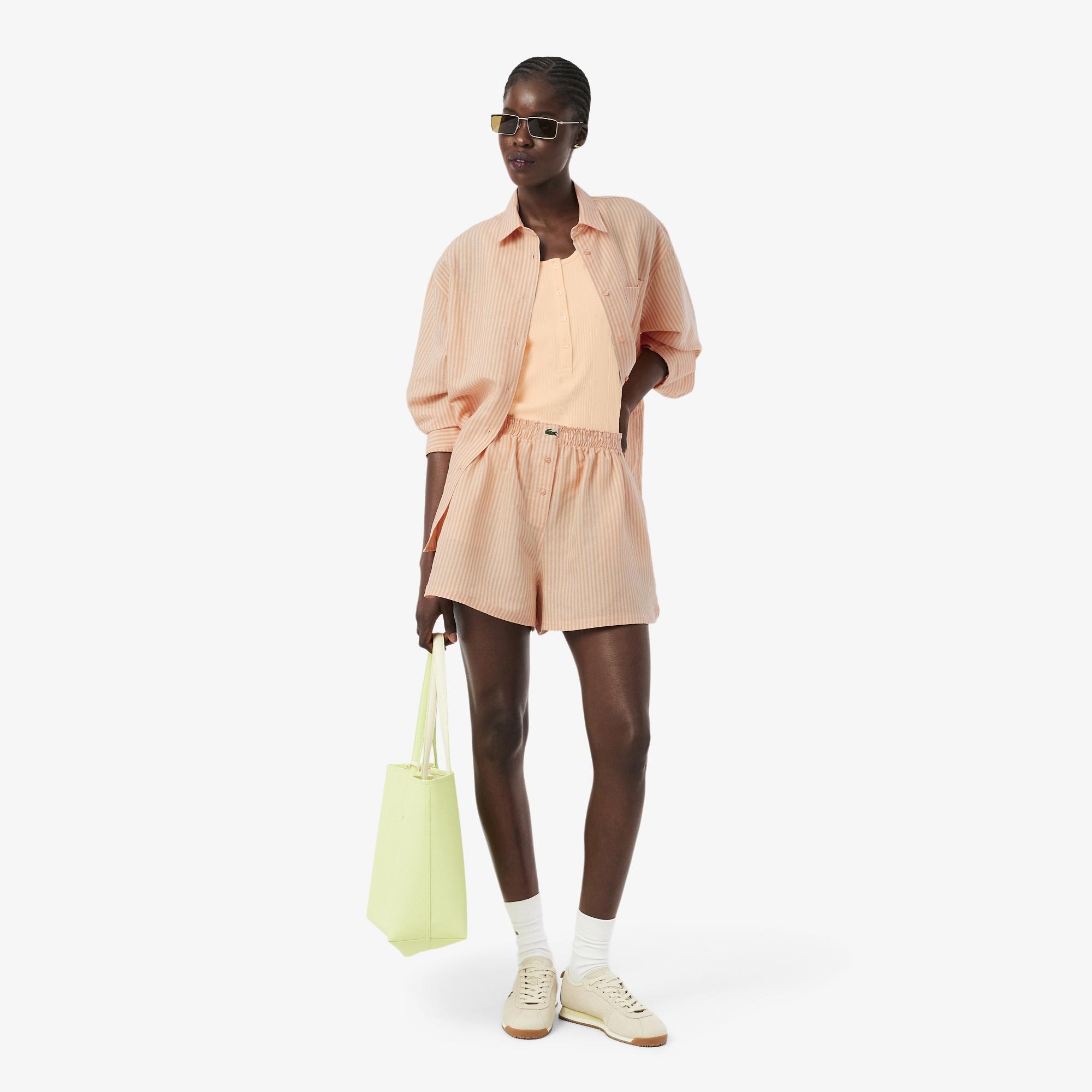 Lacoste Kadın Oversize Fit Çizgili Keten Turuncu Gömlek