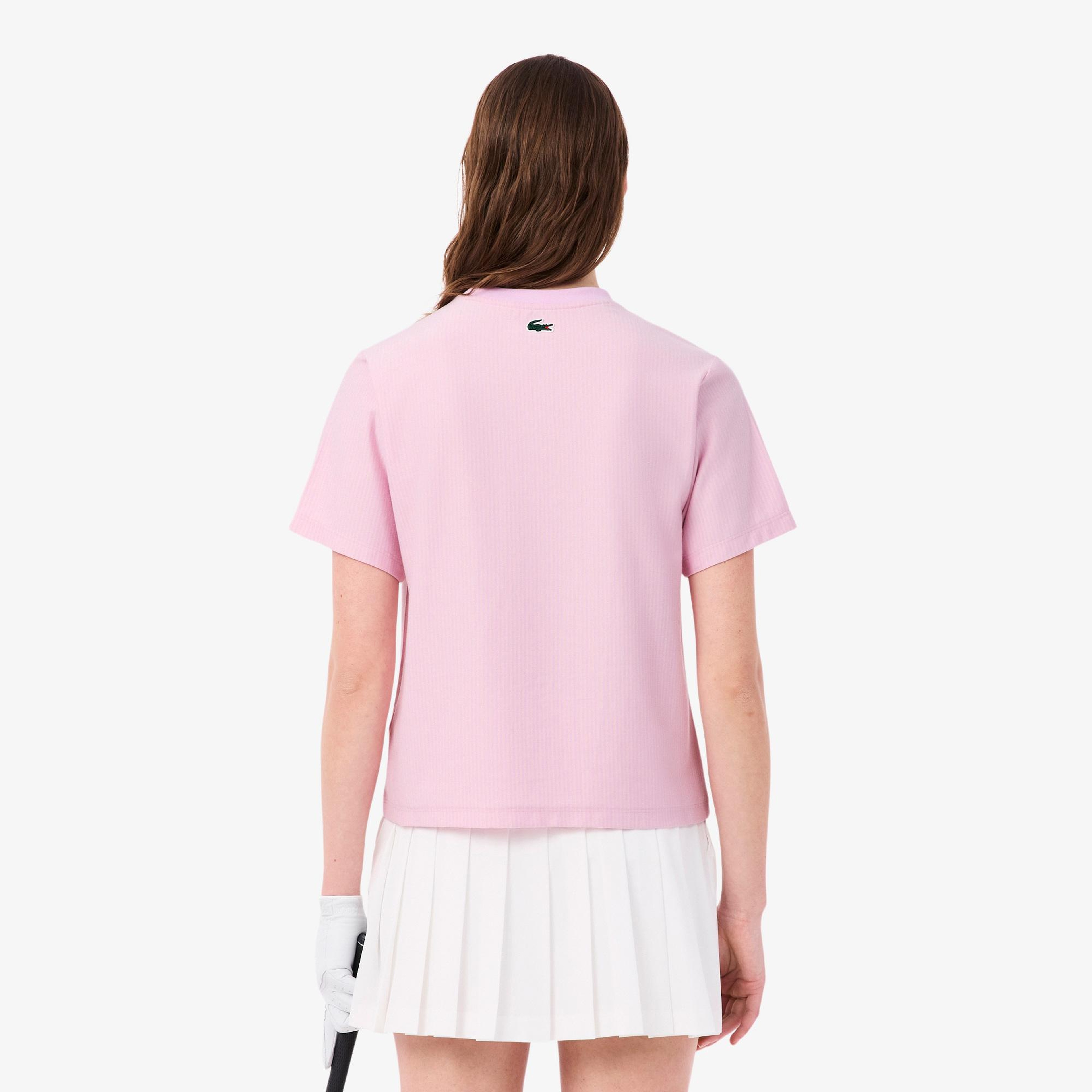 Lacoste Kadın Regular Fit Bisiklet Yaka Çizgili Pembe T-Shirt