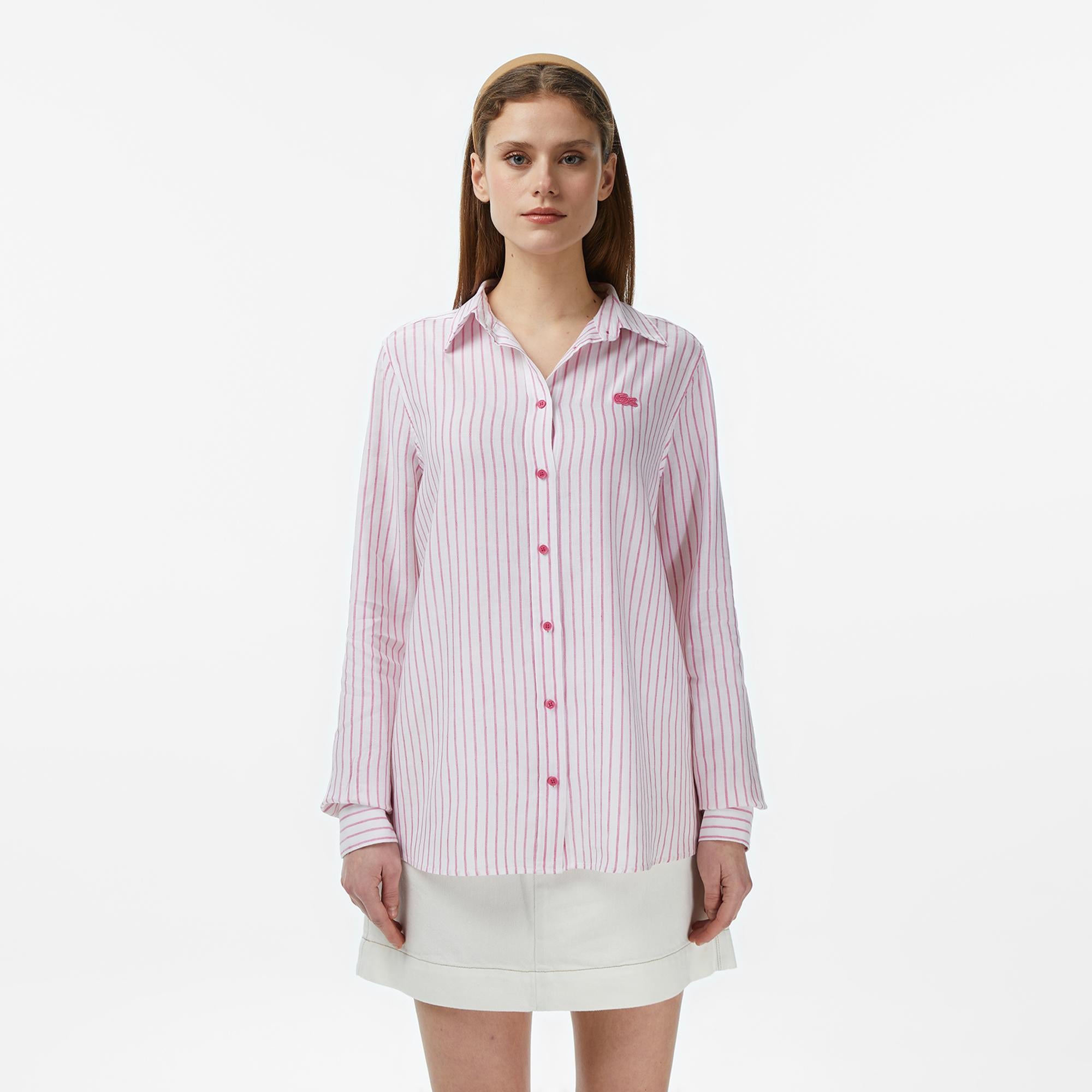 Lacoste Kadın Relaxed Fit Keten Çizgili Pembe Gömlek