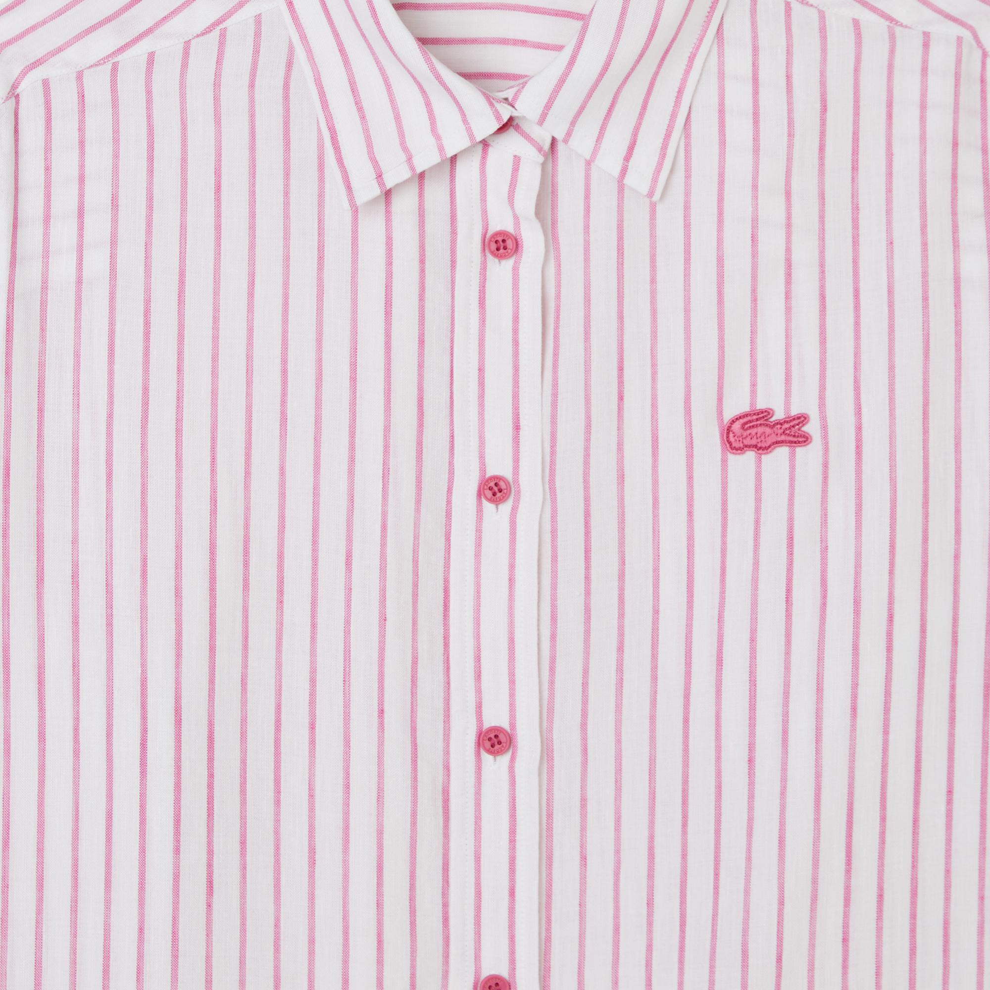 Lacoste Kadın Relaxed Fit Keten Çizgili Pembe Gömlek