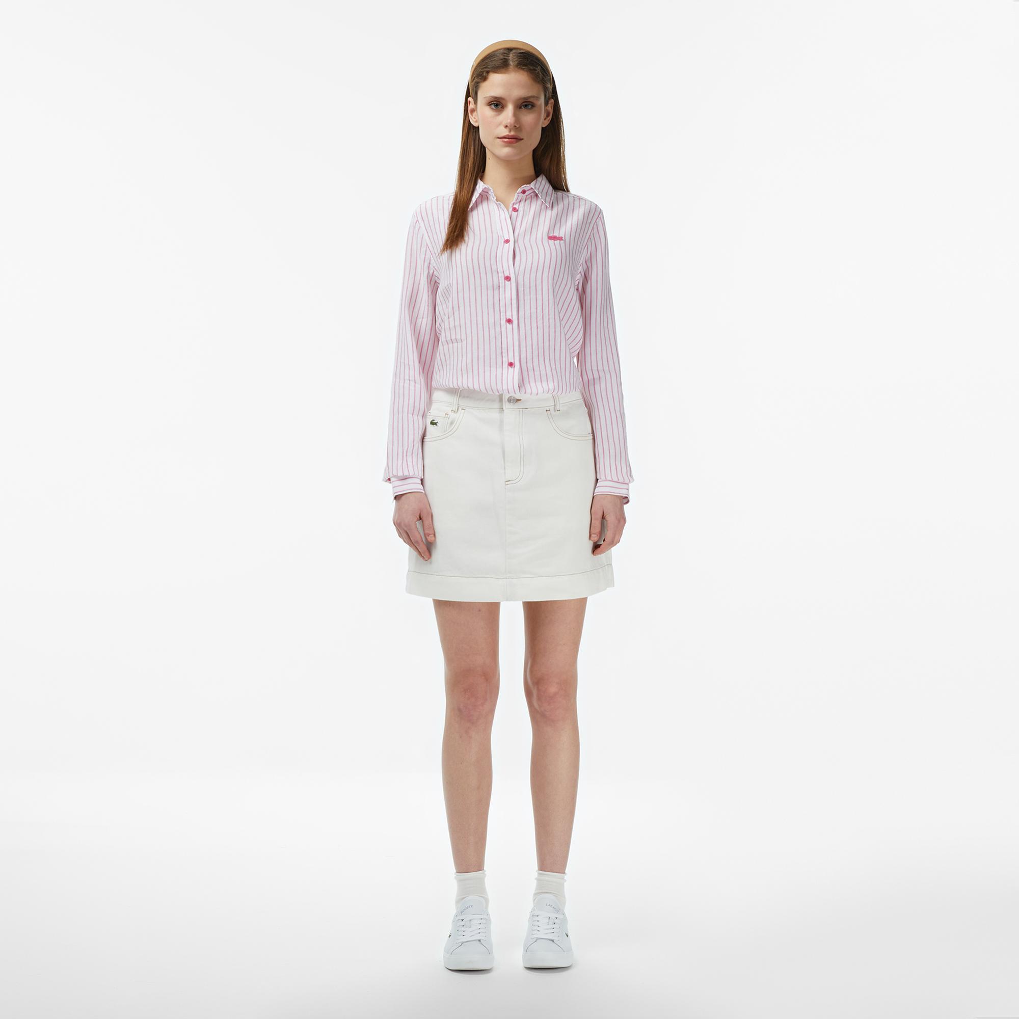 Lacoste Kadın Relaxed Fit Keten Çizgili Pembe Gömlek