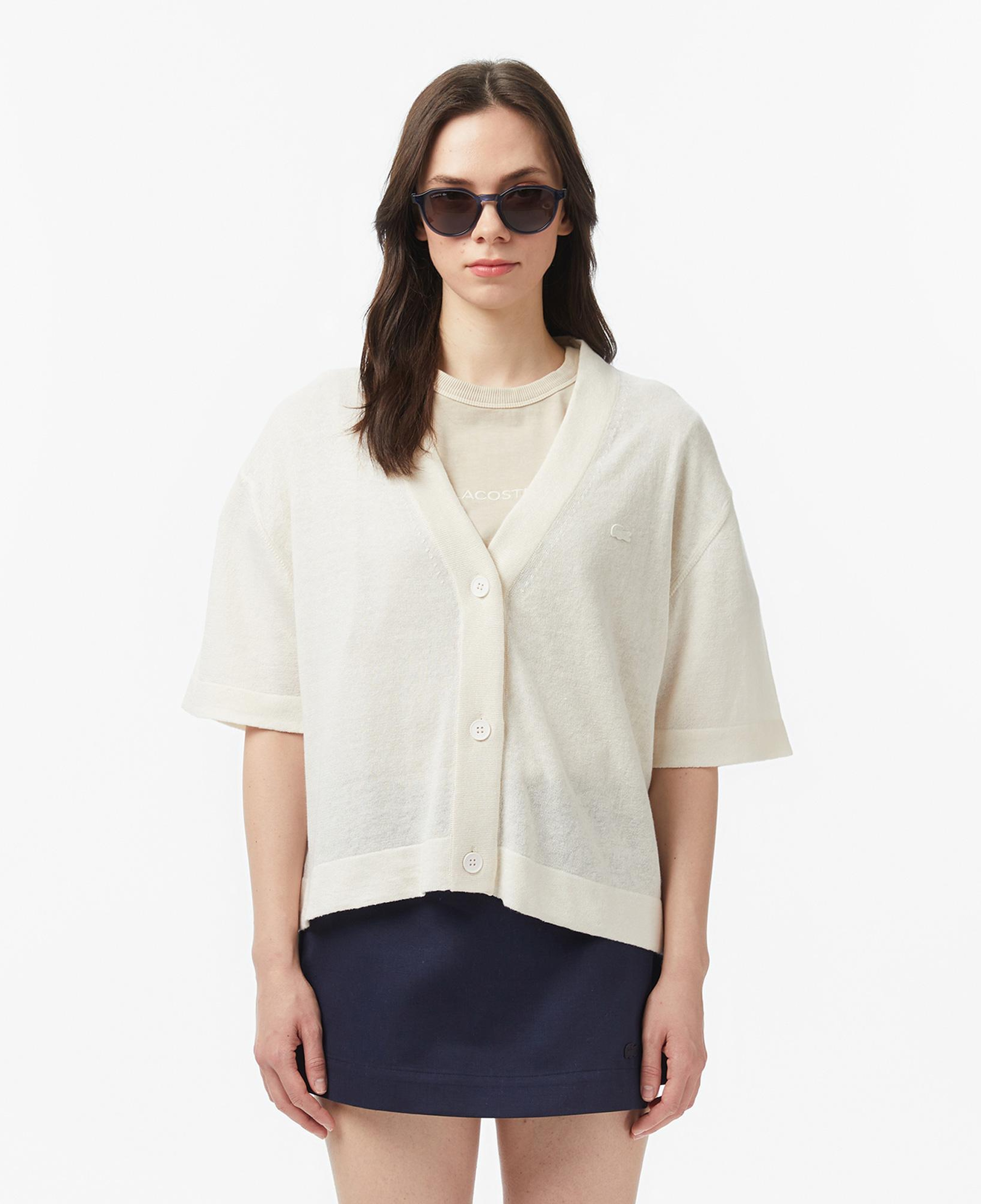 Lacoste Kadın Relaxed Fit Kısa Kollu V Yaka Keten Krem Hırka