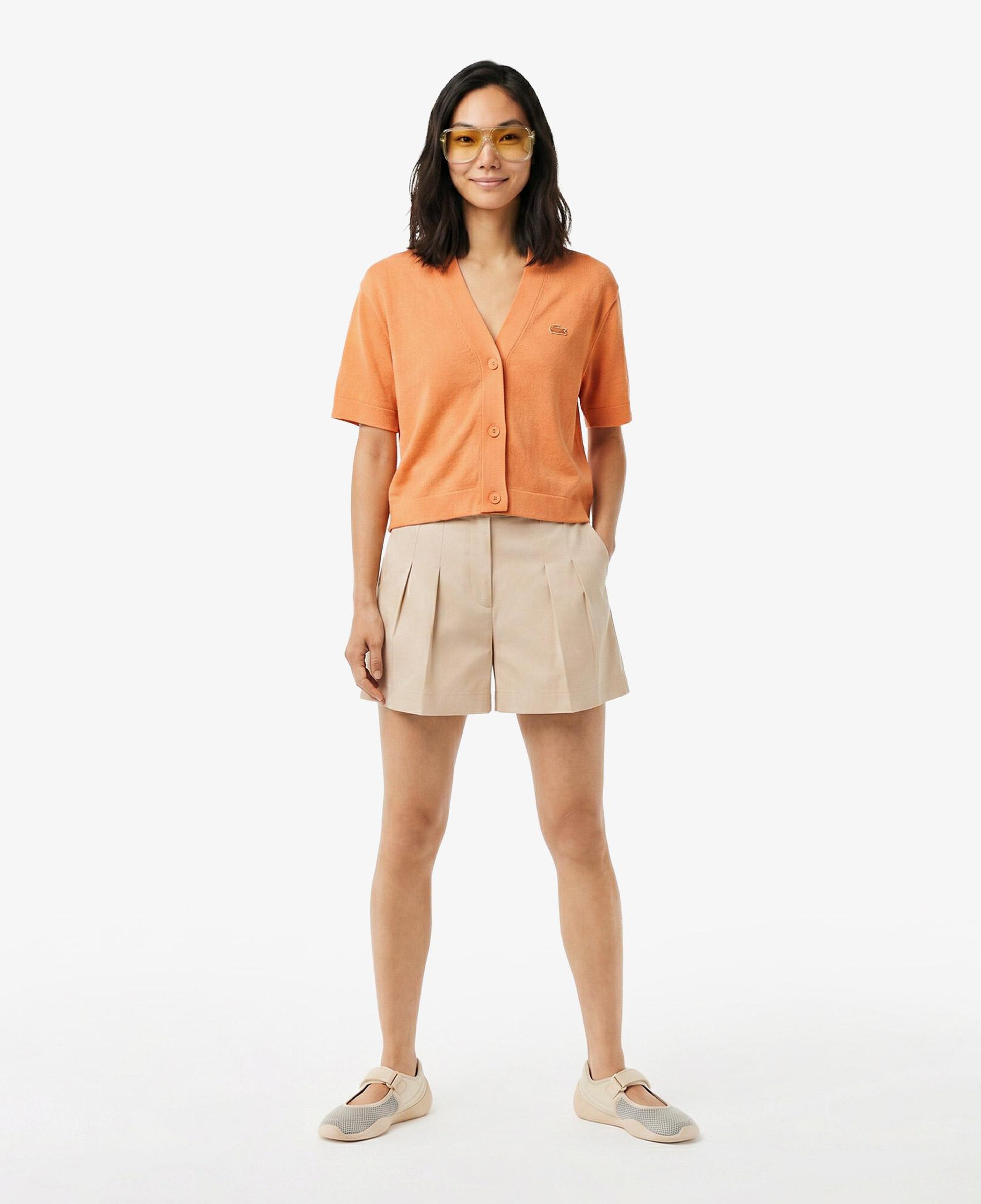 Lacoste Kadın Relaxed Fit Kısa Kollu V Yaka Keten Turuncu Hırka