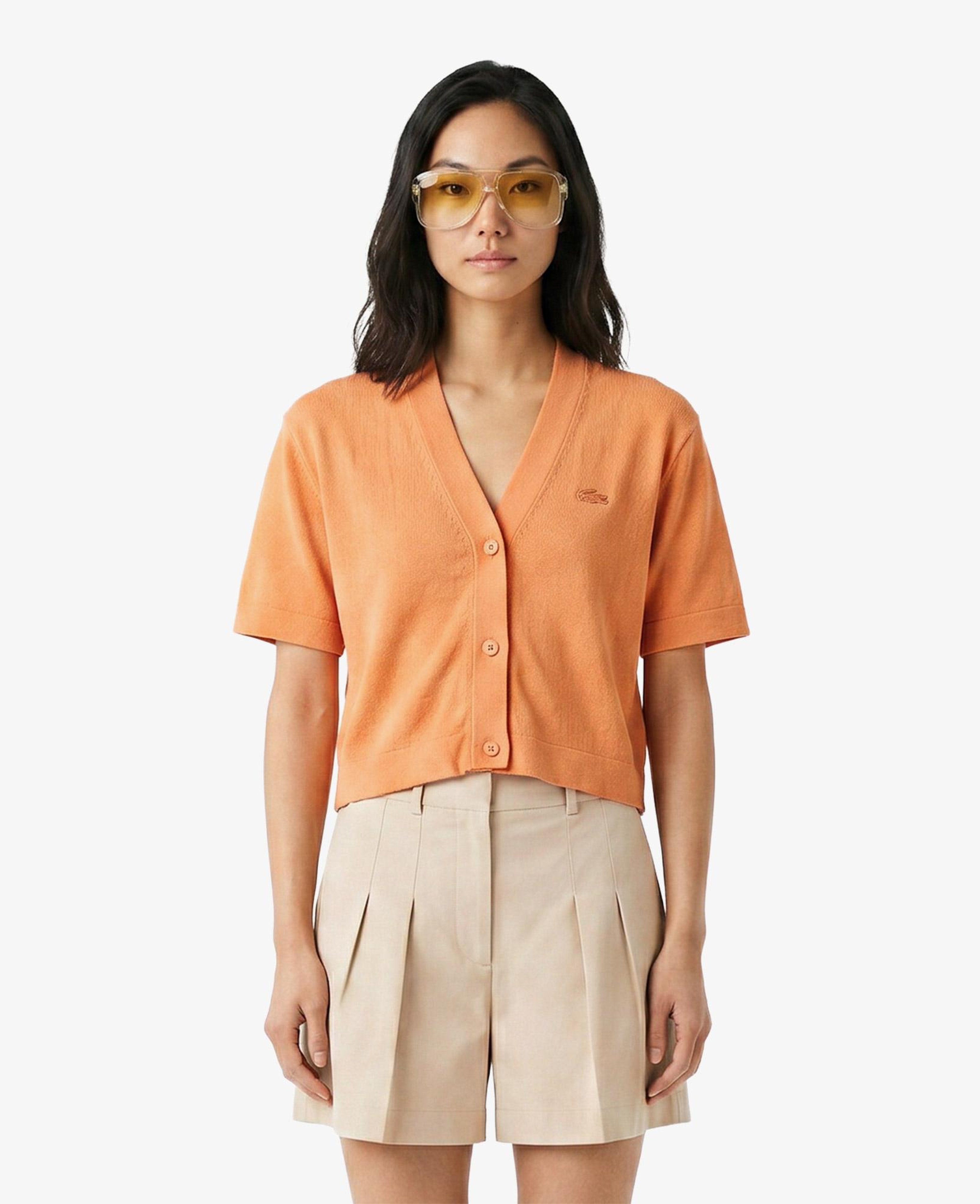 Lacoste Kadın Relaxed Fit Kısa Kollu V Yaka Keten Turuncu Hırka