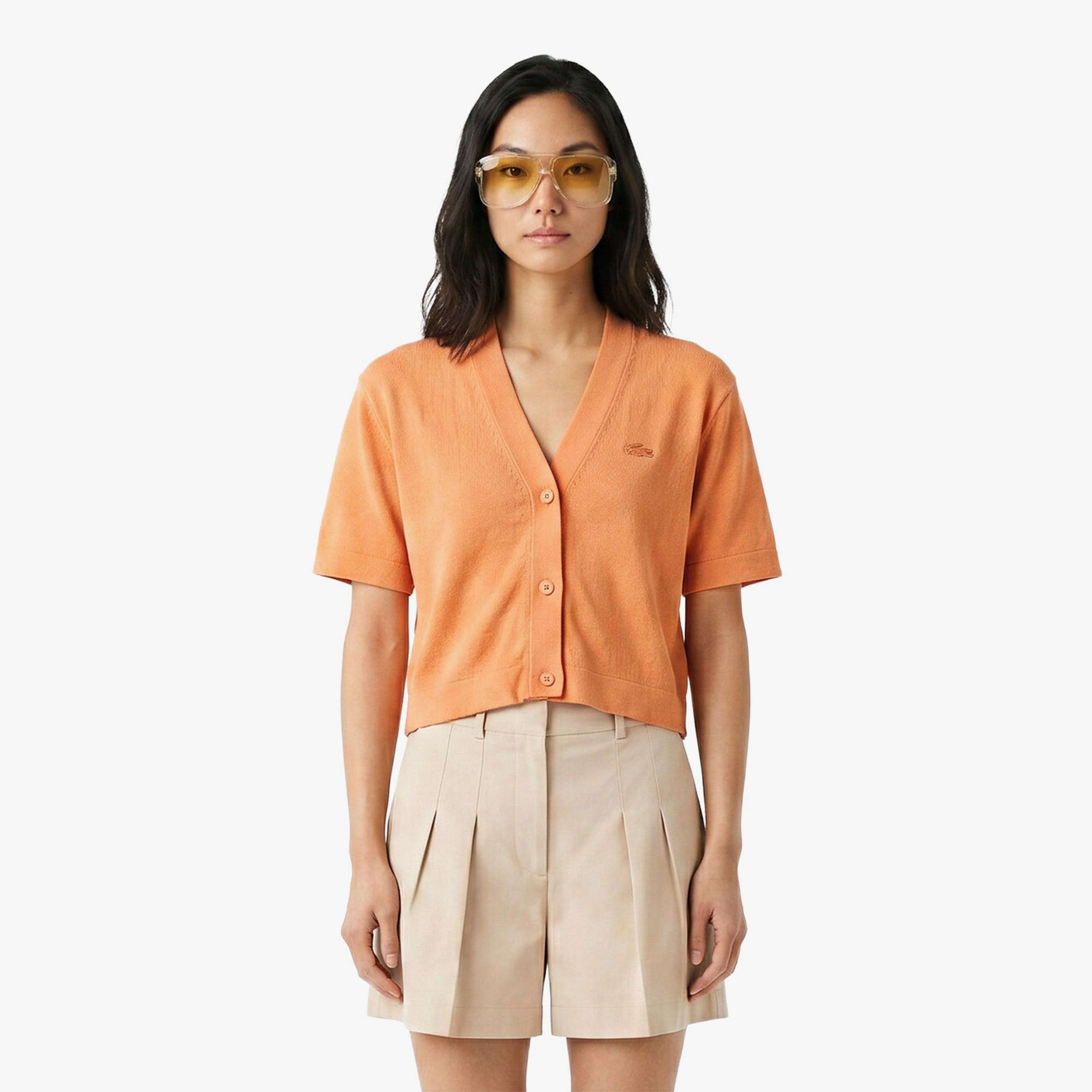 Lacoste Kadın Relaxed Fit Kısa Kollu V Yaka Keten Turuncu Hırka