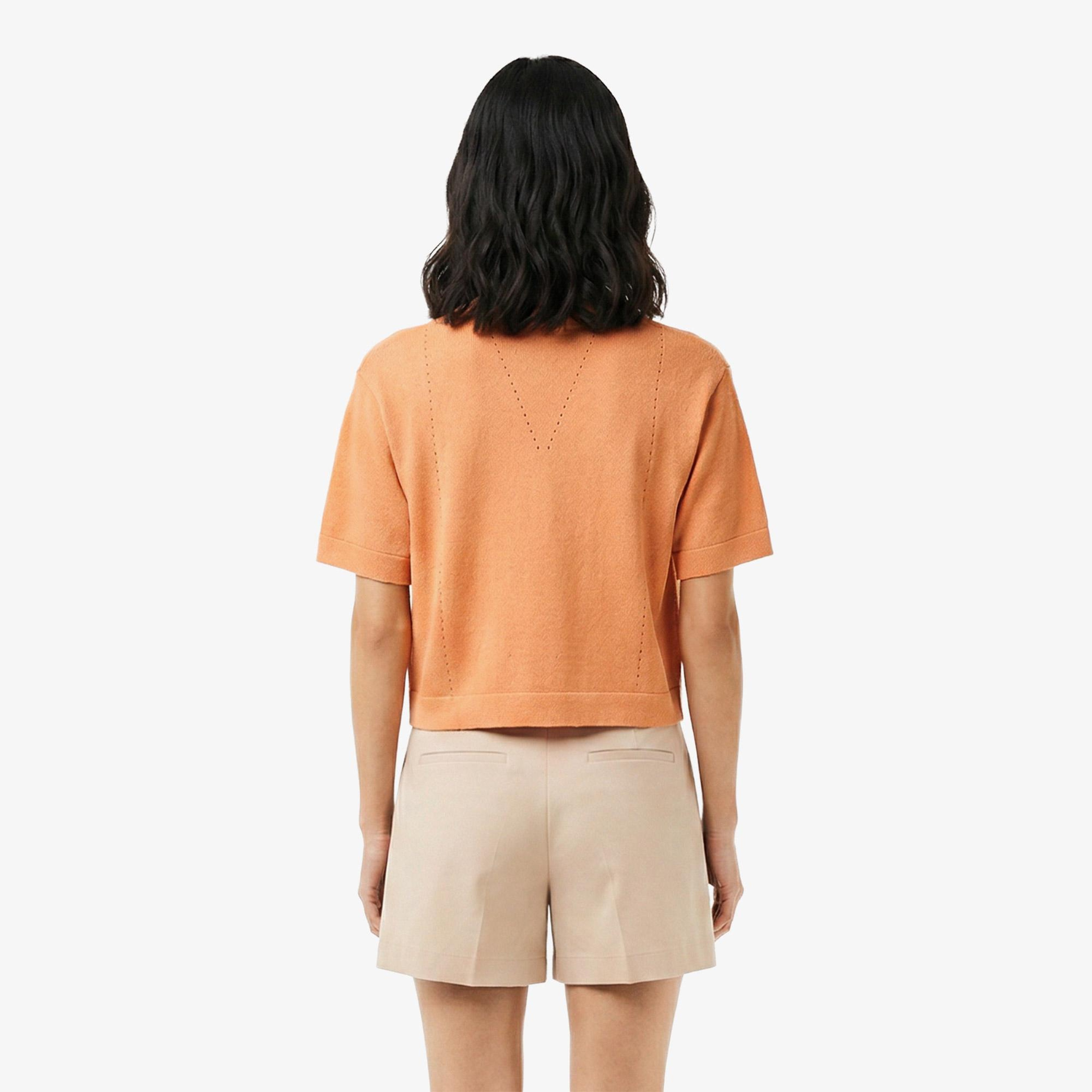 Lacoste Kadın Relaxed Fit Kısa Kollu V Yaka Keten Turuncu Hırka