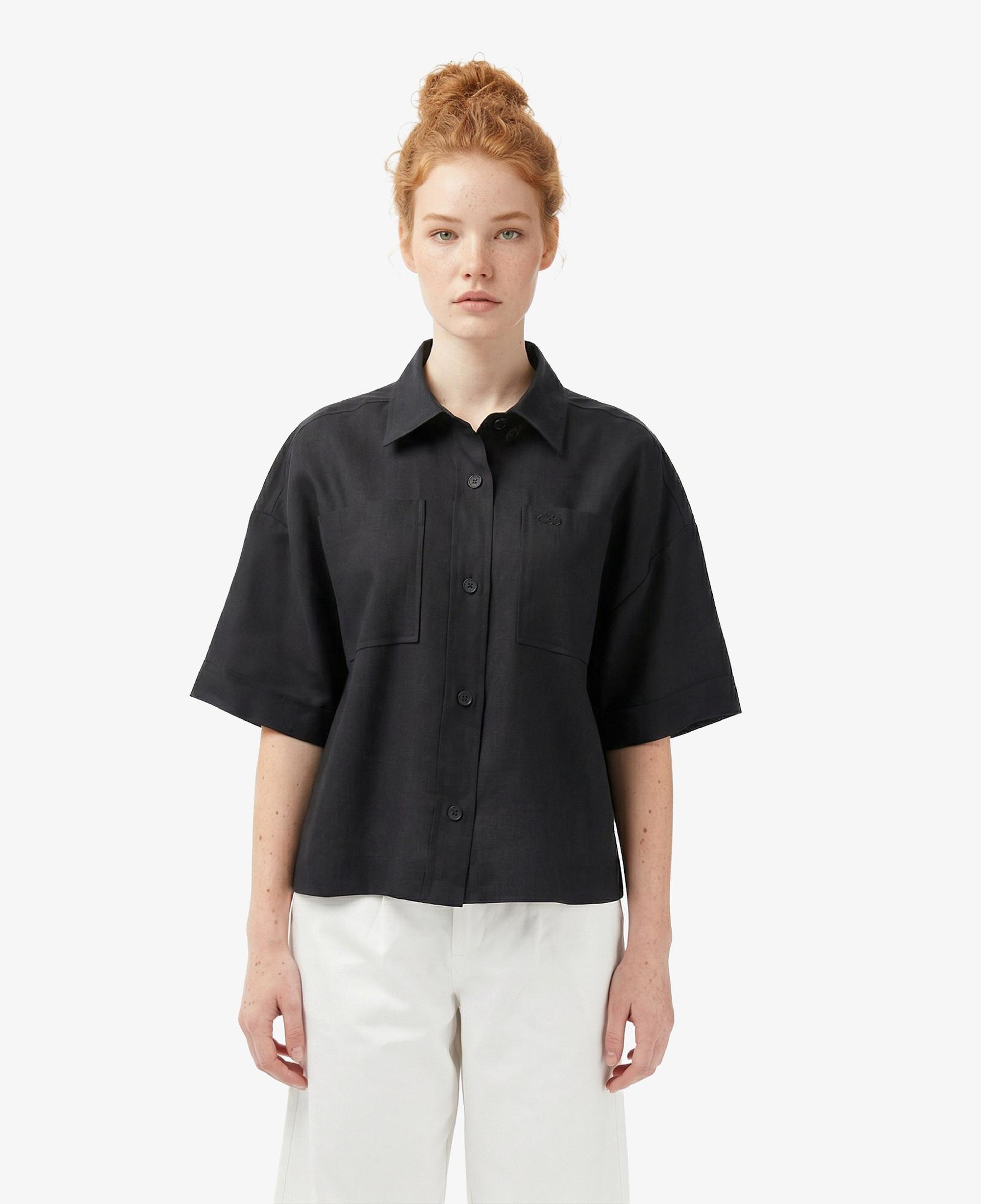 Lacoste Kadın Relaxed Fit Truvakar Kollu Keten Siyah Gömlek