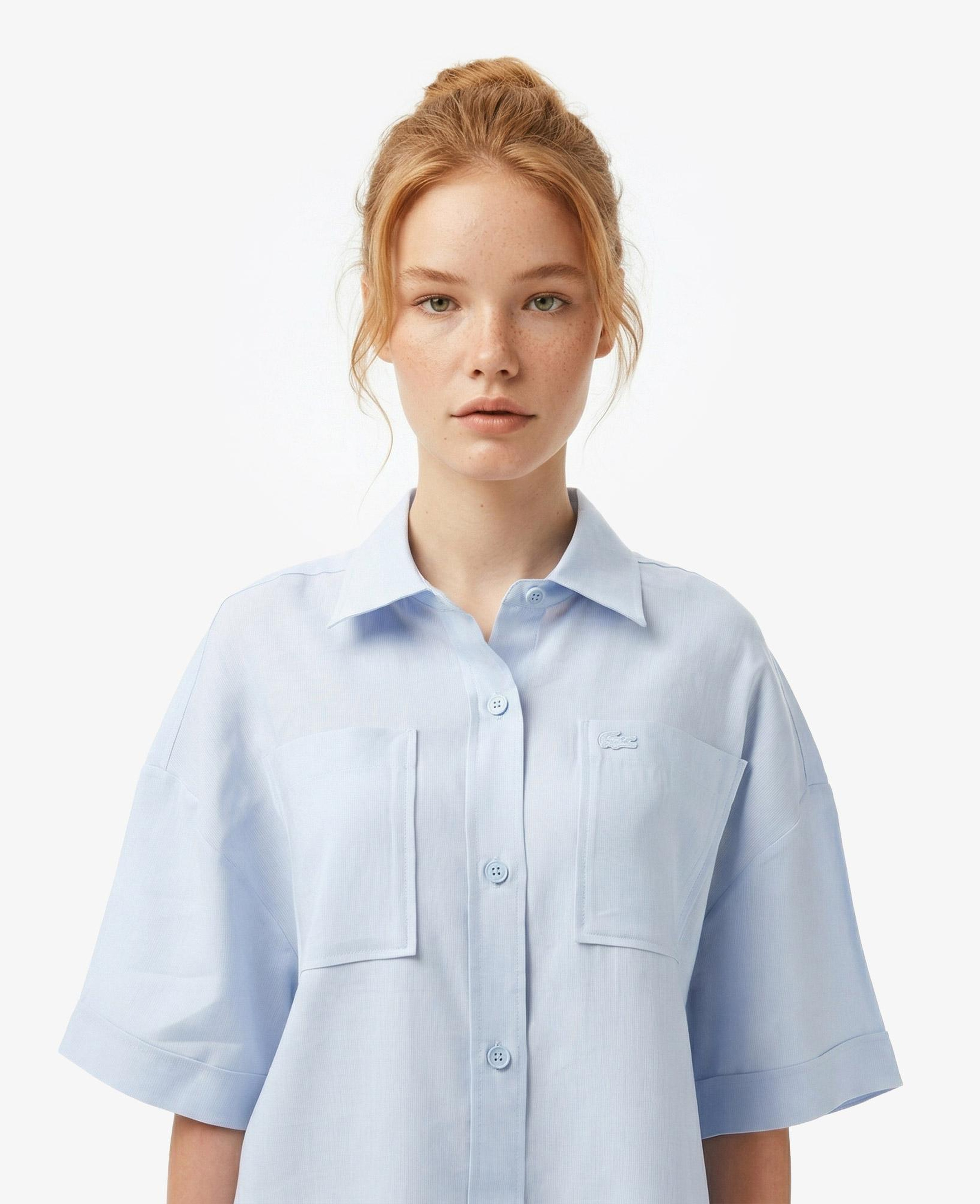 Lacoste Kadın Relaxed Fit Truvakar Kollu Keten Mavi Gömlek