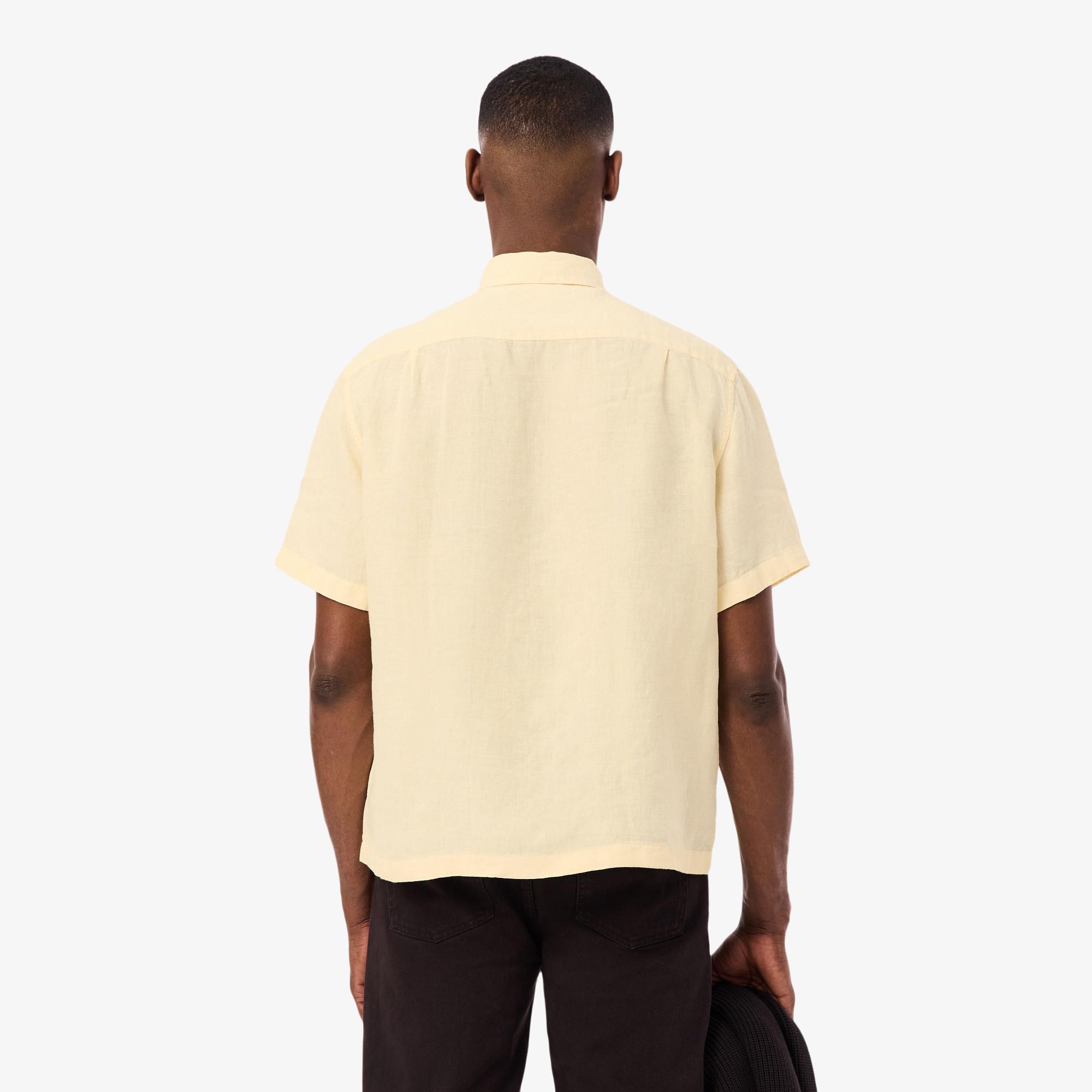 Lacoste Erkek Relaxed Fit Kısa Kollu Keten Krem Gömlek