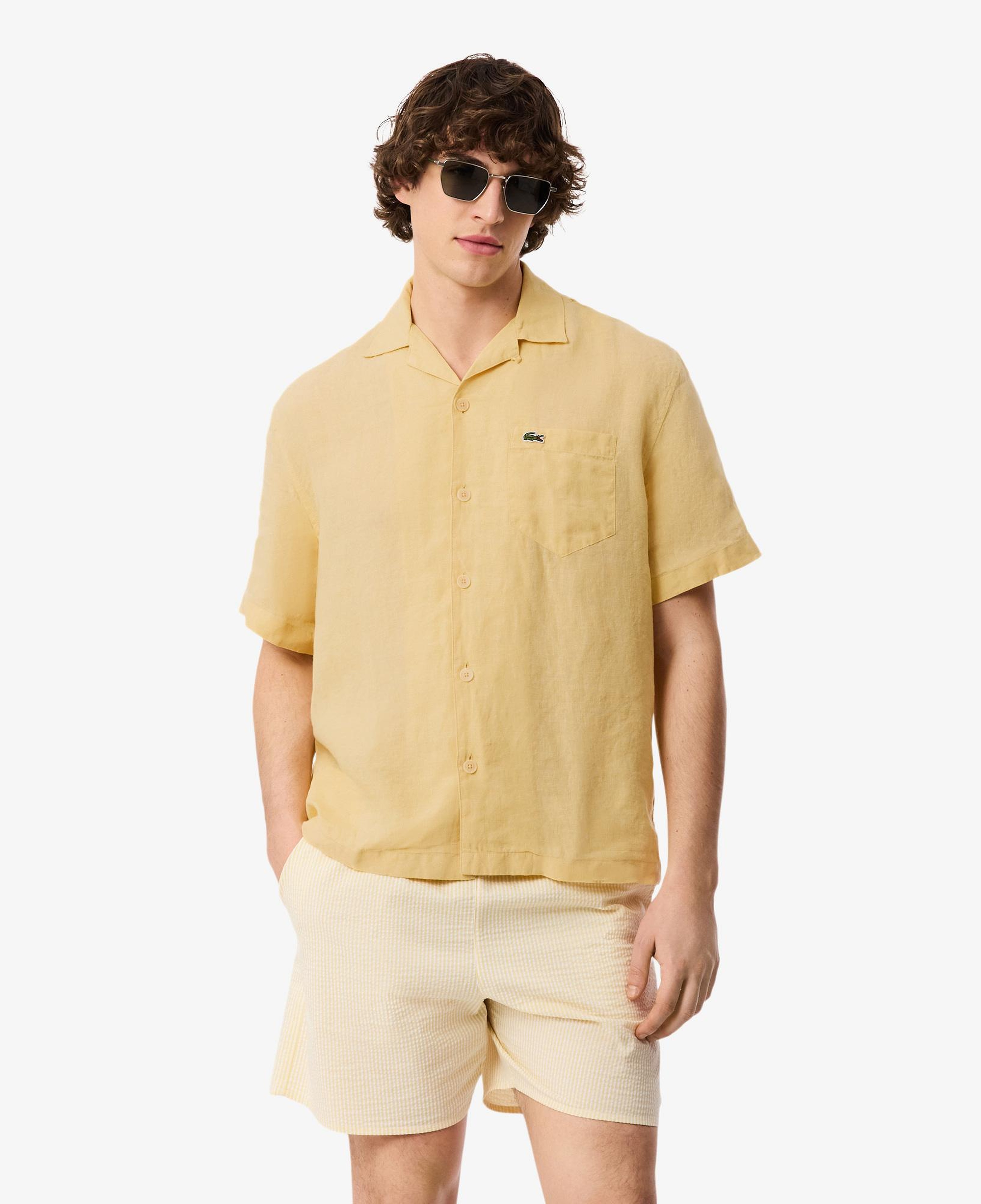 Lacoste Erkek Relaxed Fit Kısa Kollu Keten Bej Gömlek