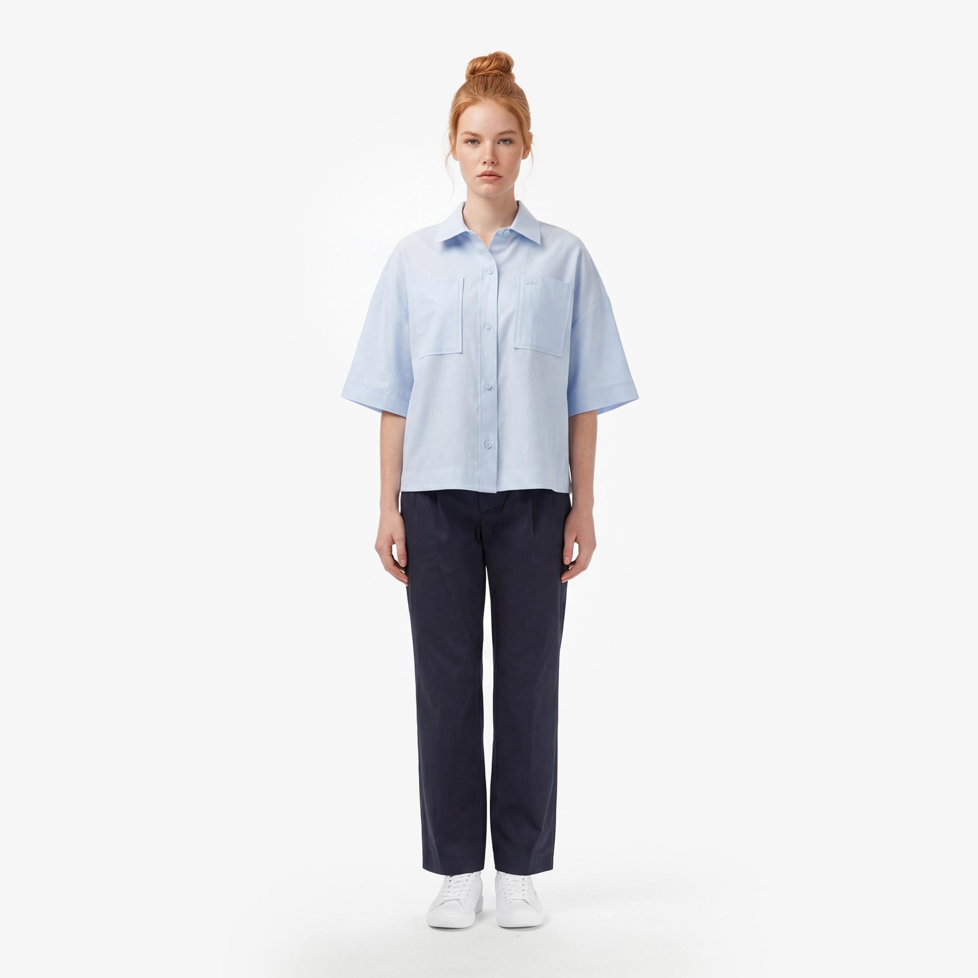 Lacoste Kadın Relaxed Fit Truvakar Kollu Keten Mavi Gömlek