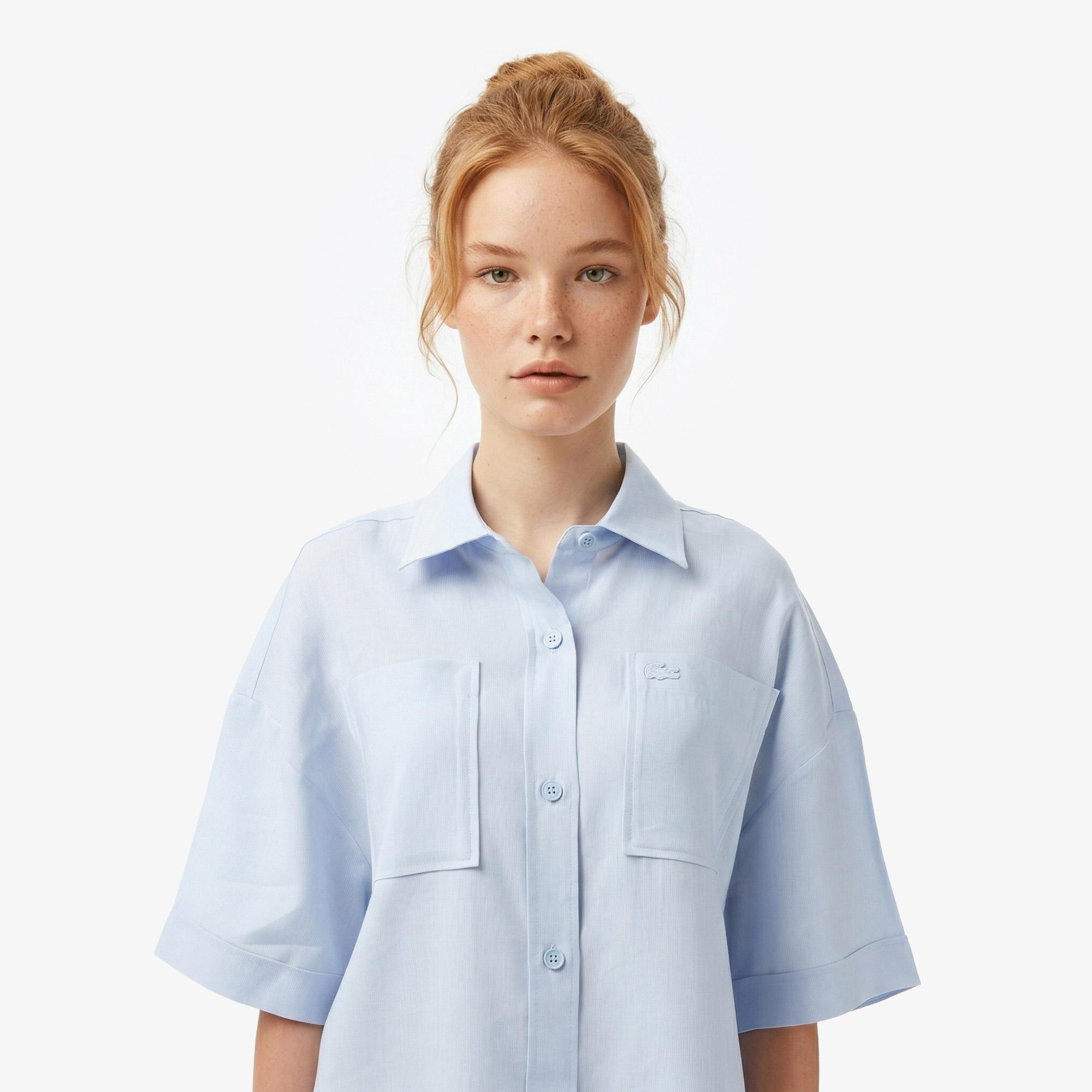 Lacoste Kadın Relaxed Fit Truvakar Kollu Keten Mavi Gömlek