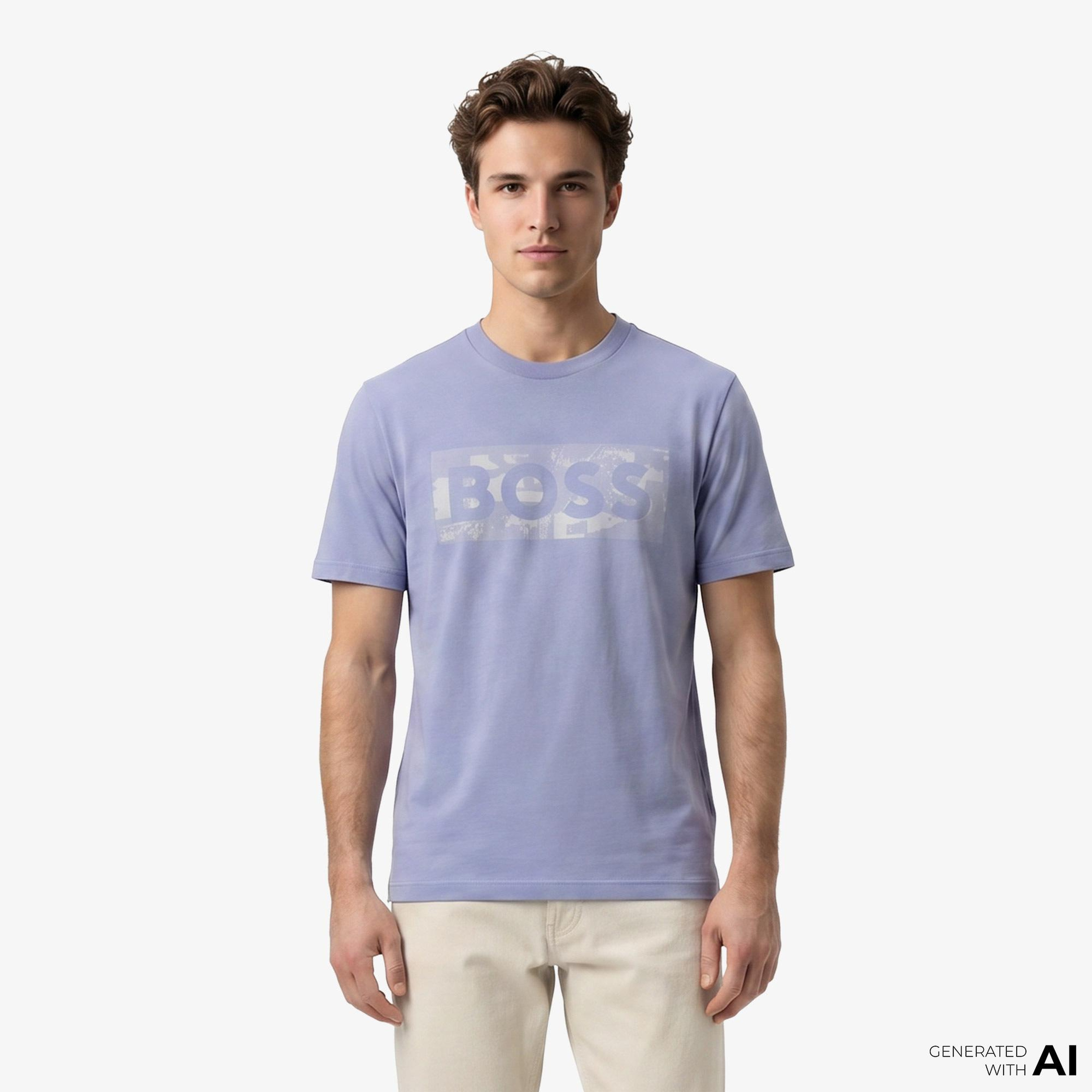 Boss Globe Logo Pattern Erkek Mavi T-Shirt