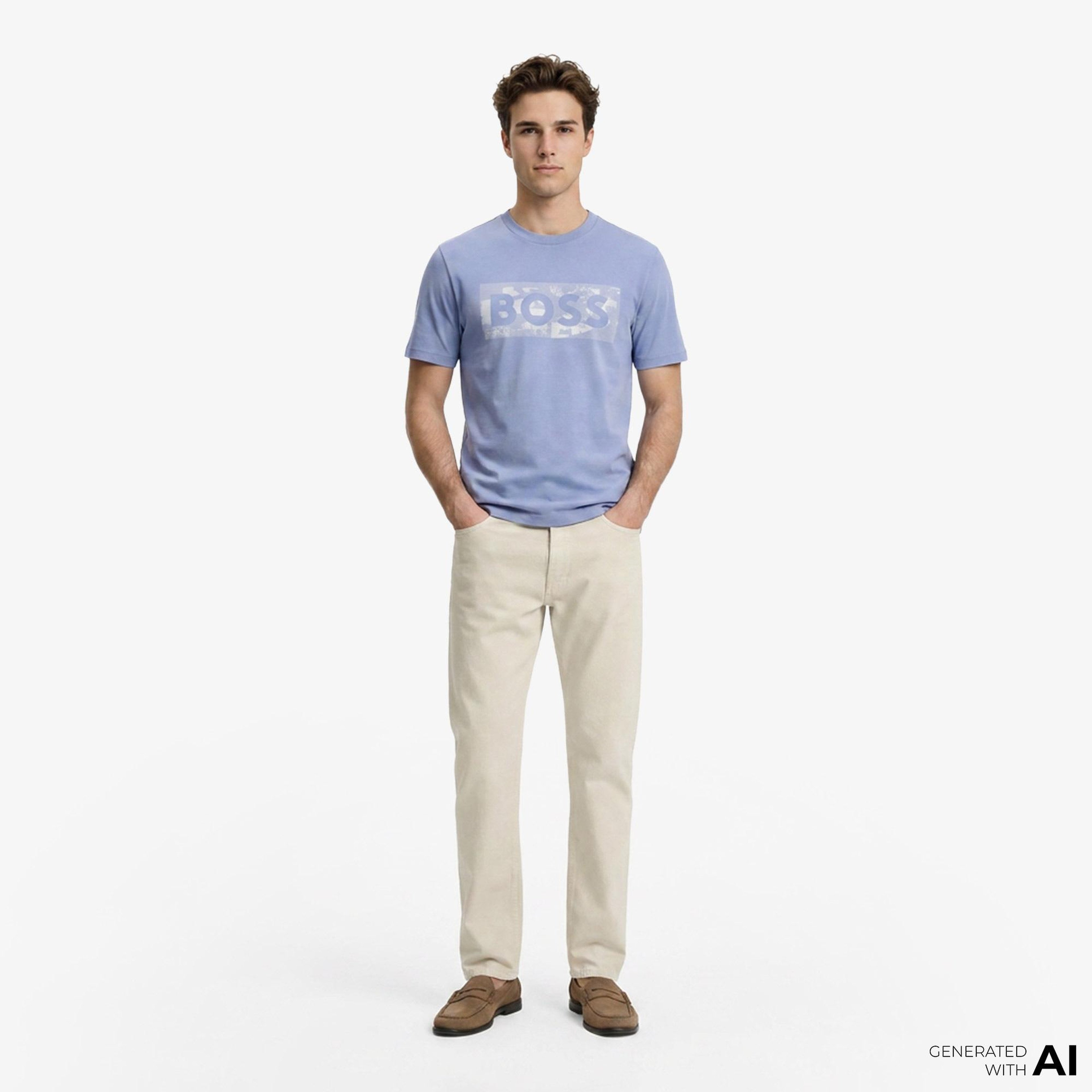 Boss Globe Logo Pattern Erkek Mavi T-Shirt