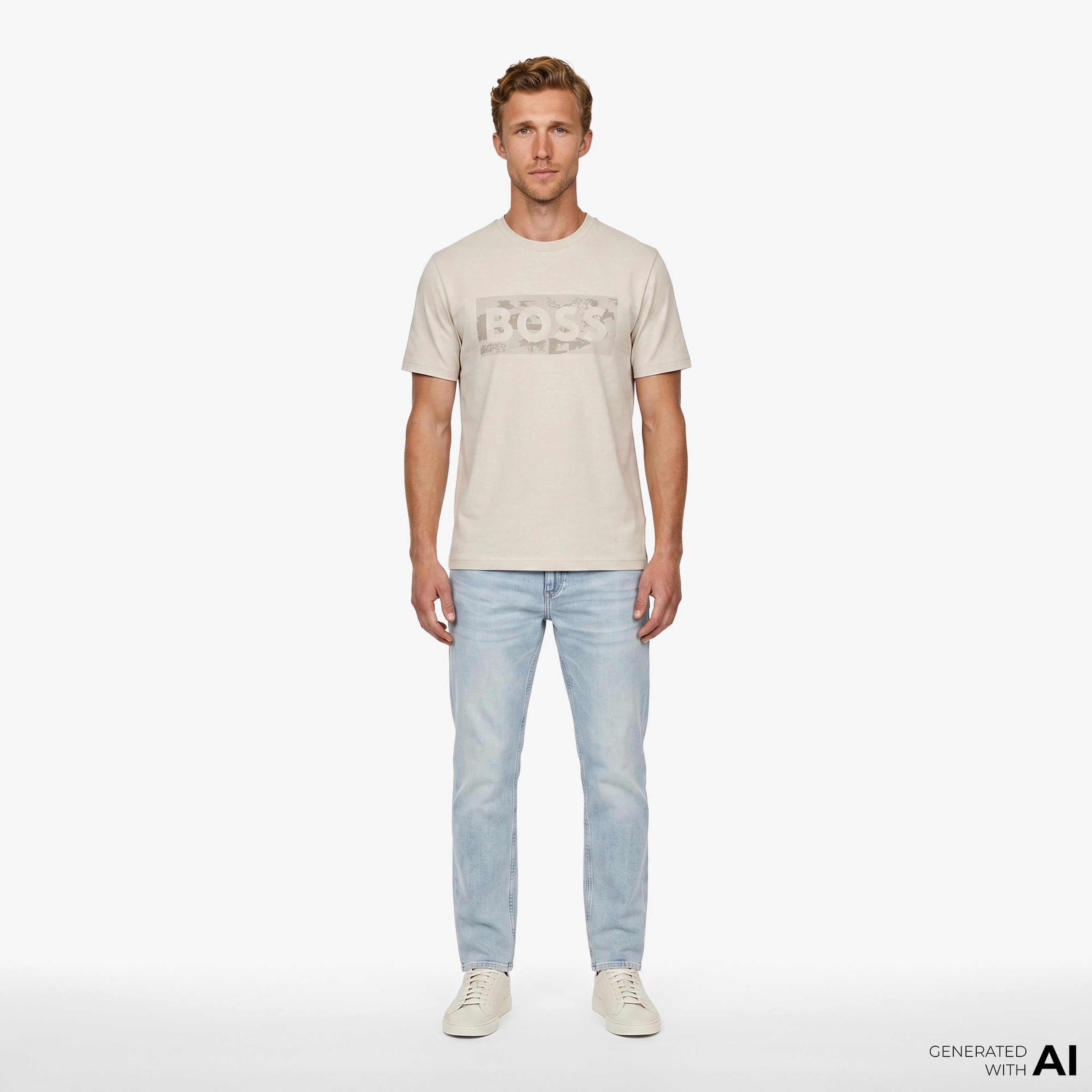 Boss Globe Logo Pattern Erkek Bej T-Shirt