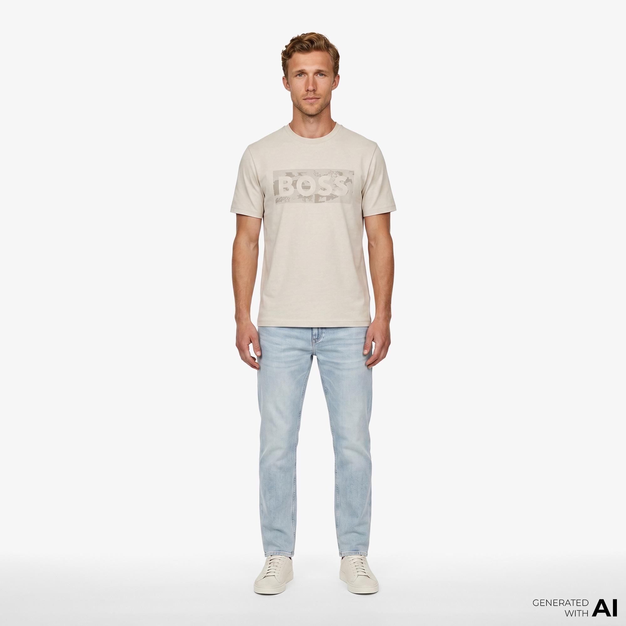 Boss Globe Logo Pattern Erkek Bej T-Shirt