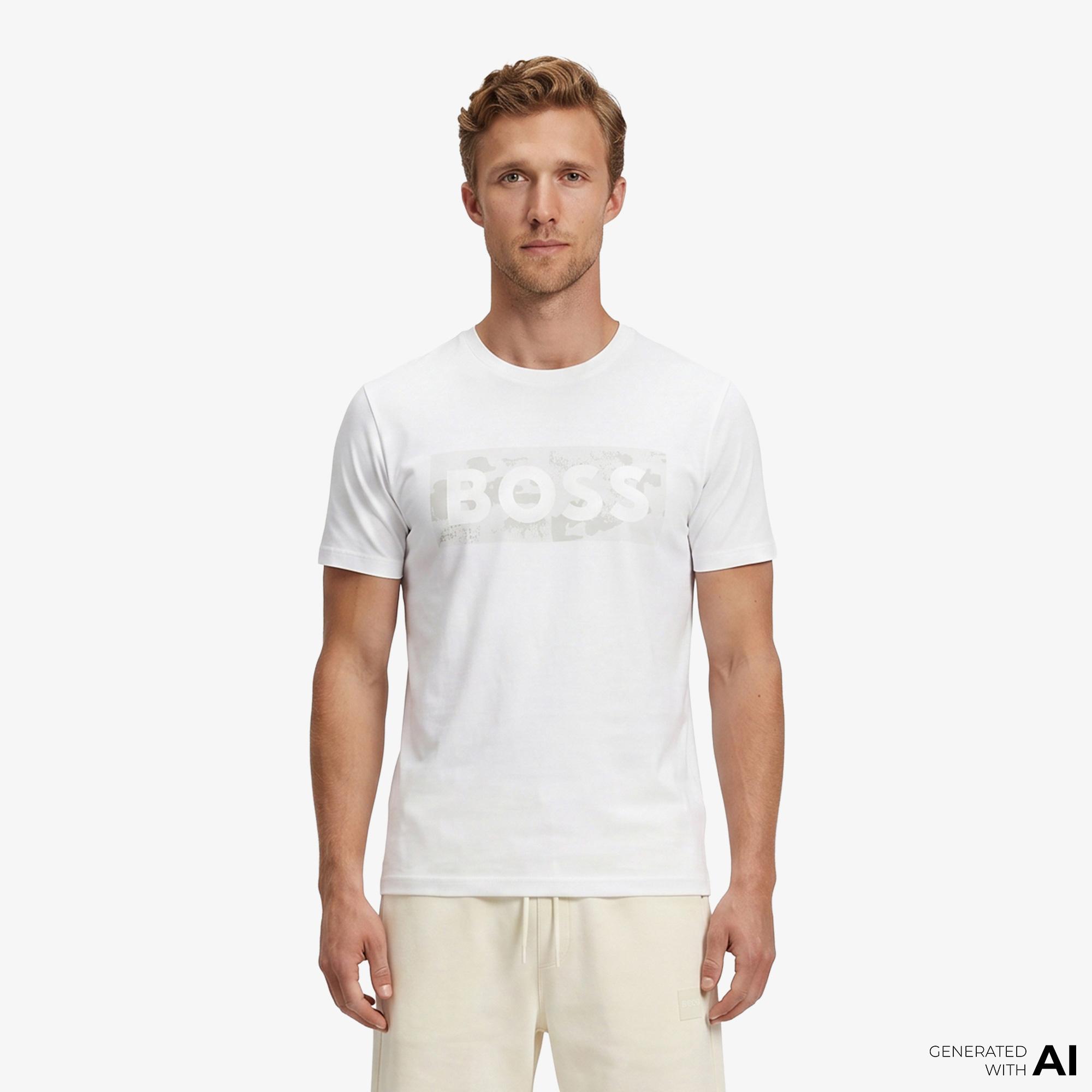 Boss Globe Logo Pattern Erkek Beyaz T-Shirt