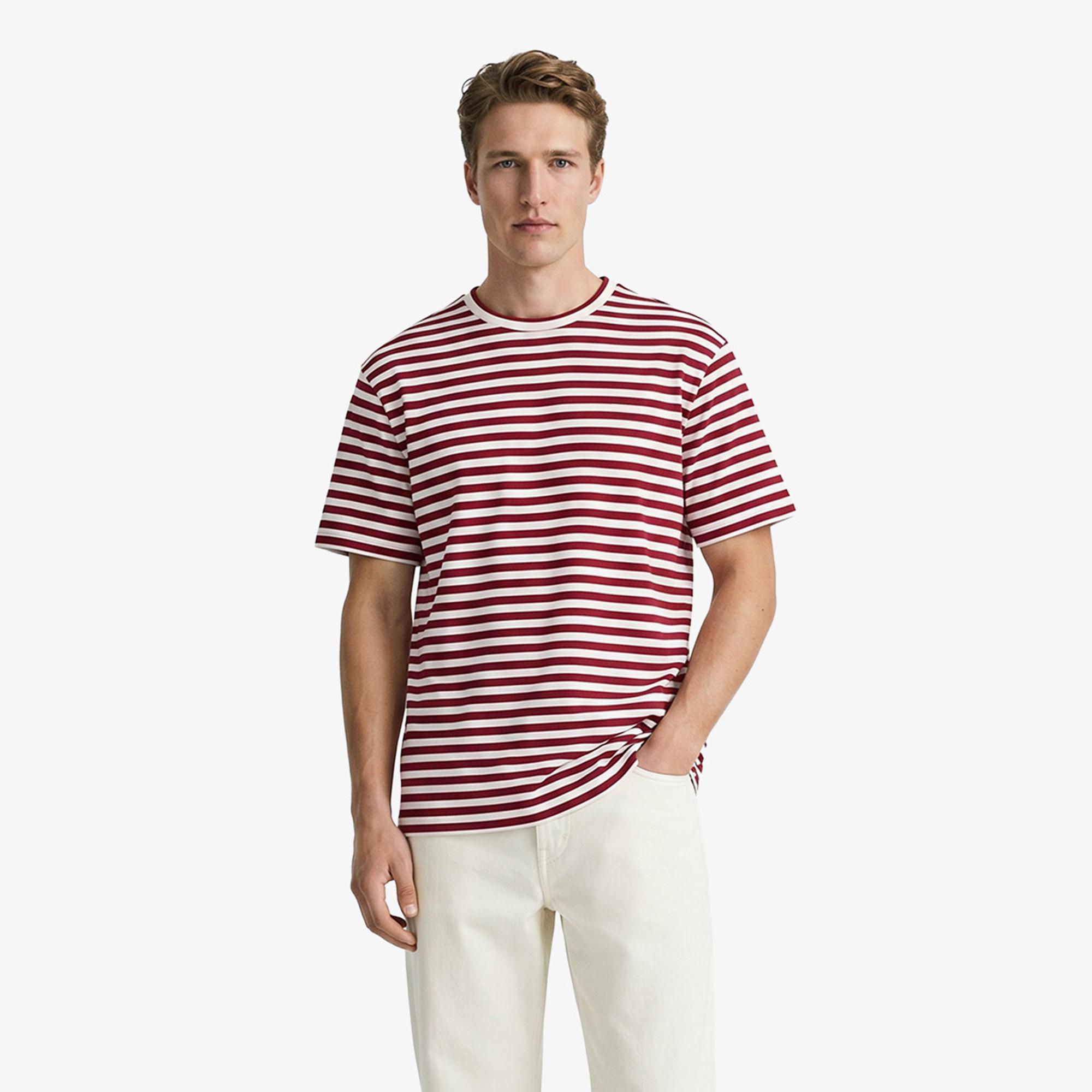 Erkek Relaxed Fit Bisiklet Yaka Çizgili Bordo T-Shirt