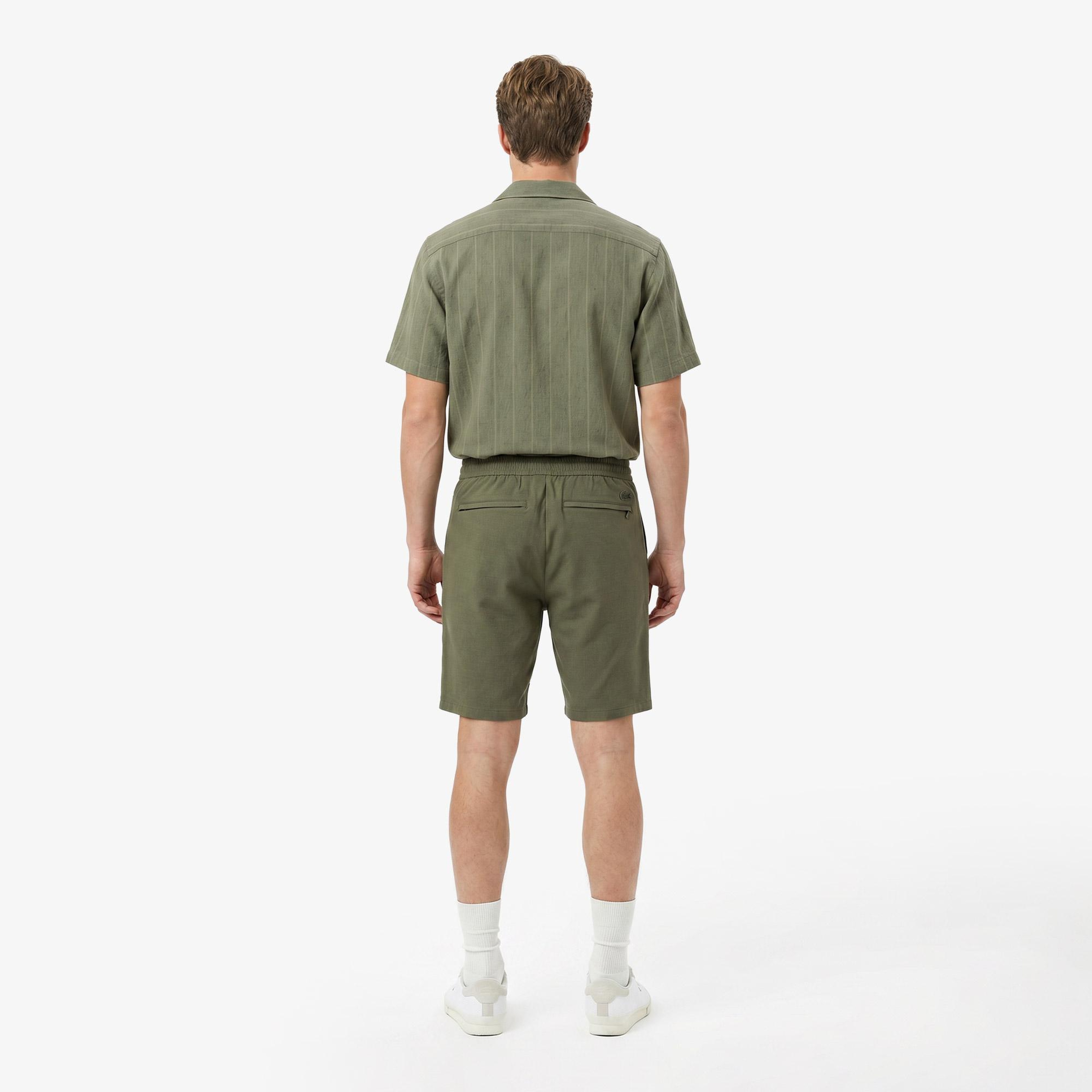Erkek Tapered Fit Keten Haki Bermuda Şort