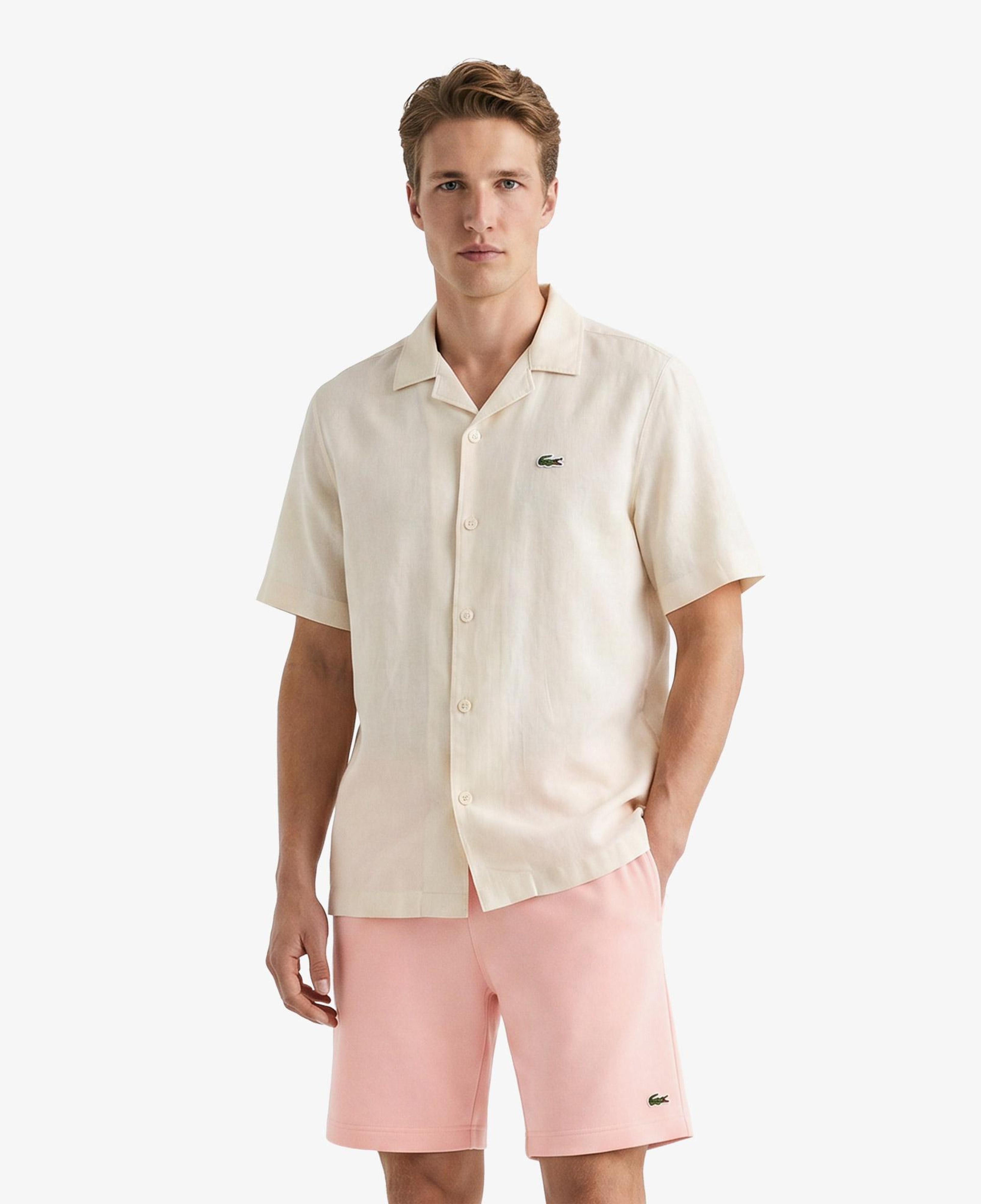 Erkek Relaxed Fit Kısa Kollu Keten Krem Gömlek