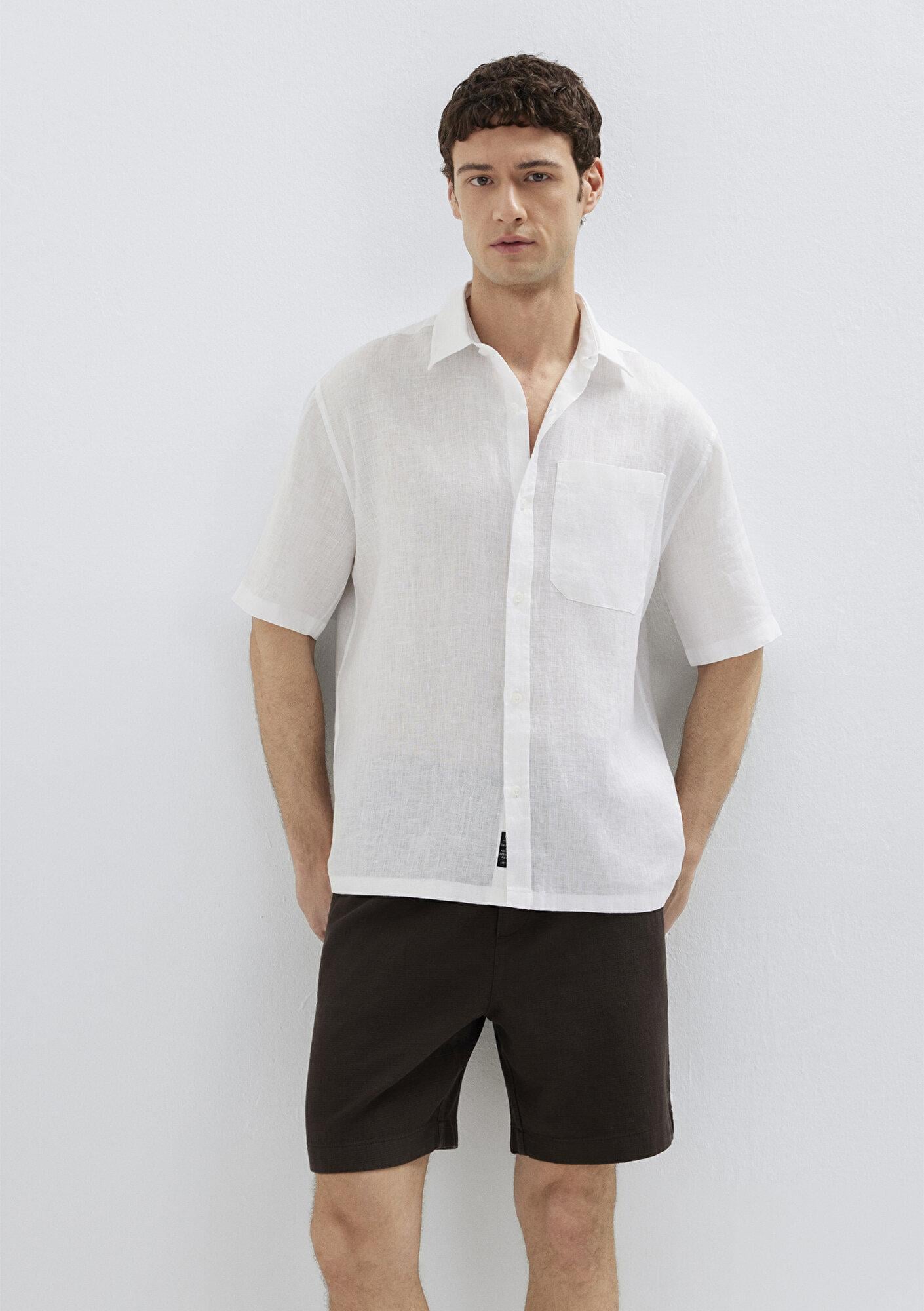 Mavi Beyaz Keten Gömlek Loose Fit / Bol Rahat Kesim 0211966-620
