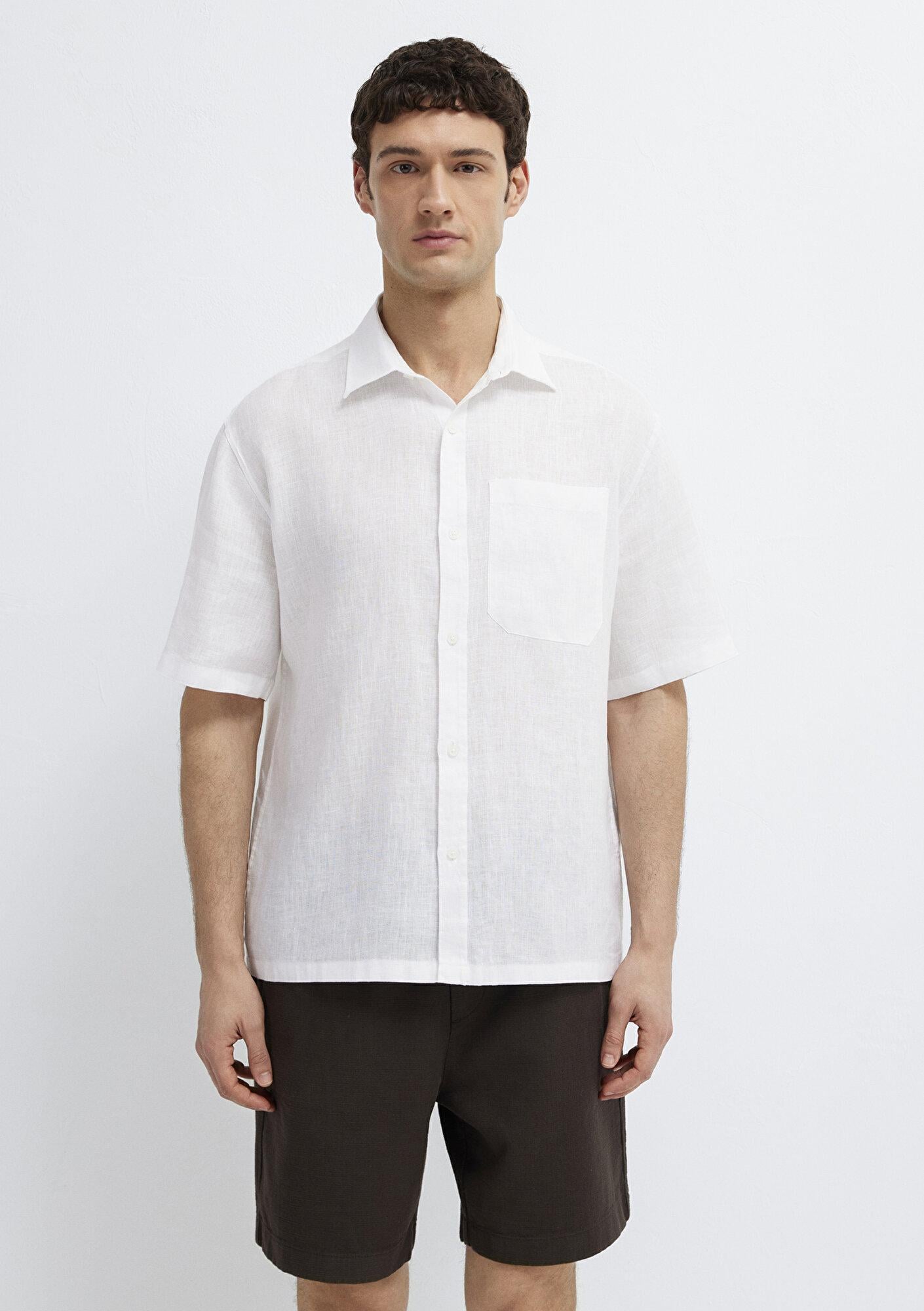 Mavi Beyaz Keten Gömlek Loose Fit / Bol Rahat Kesim 0211966-620