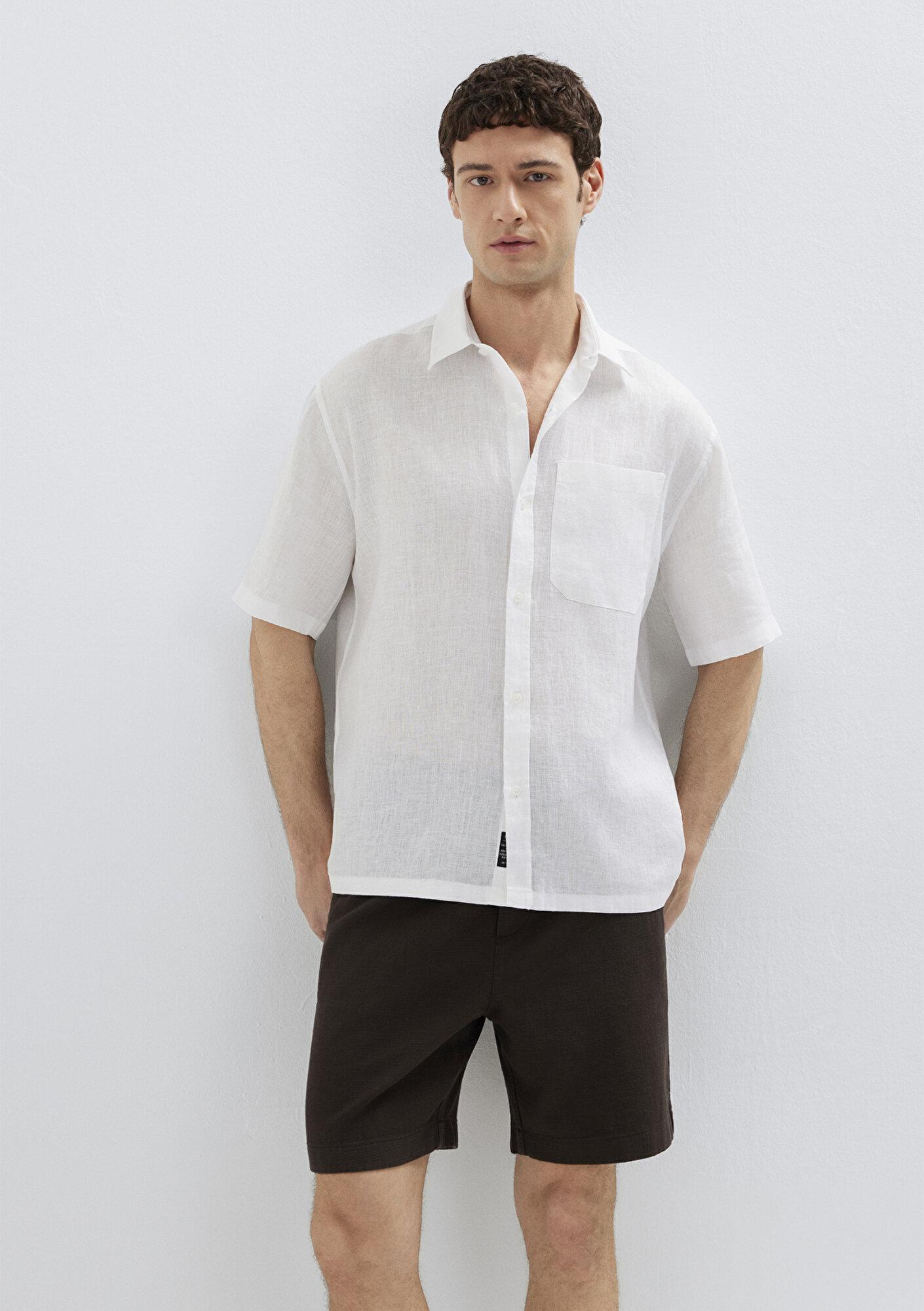 Mavi Beyaz Keten Gömlek Loose Fit / Bol Rahat Kesim 0211966-620