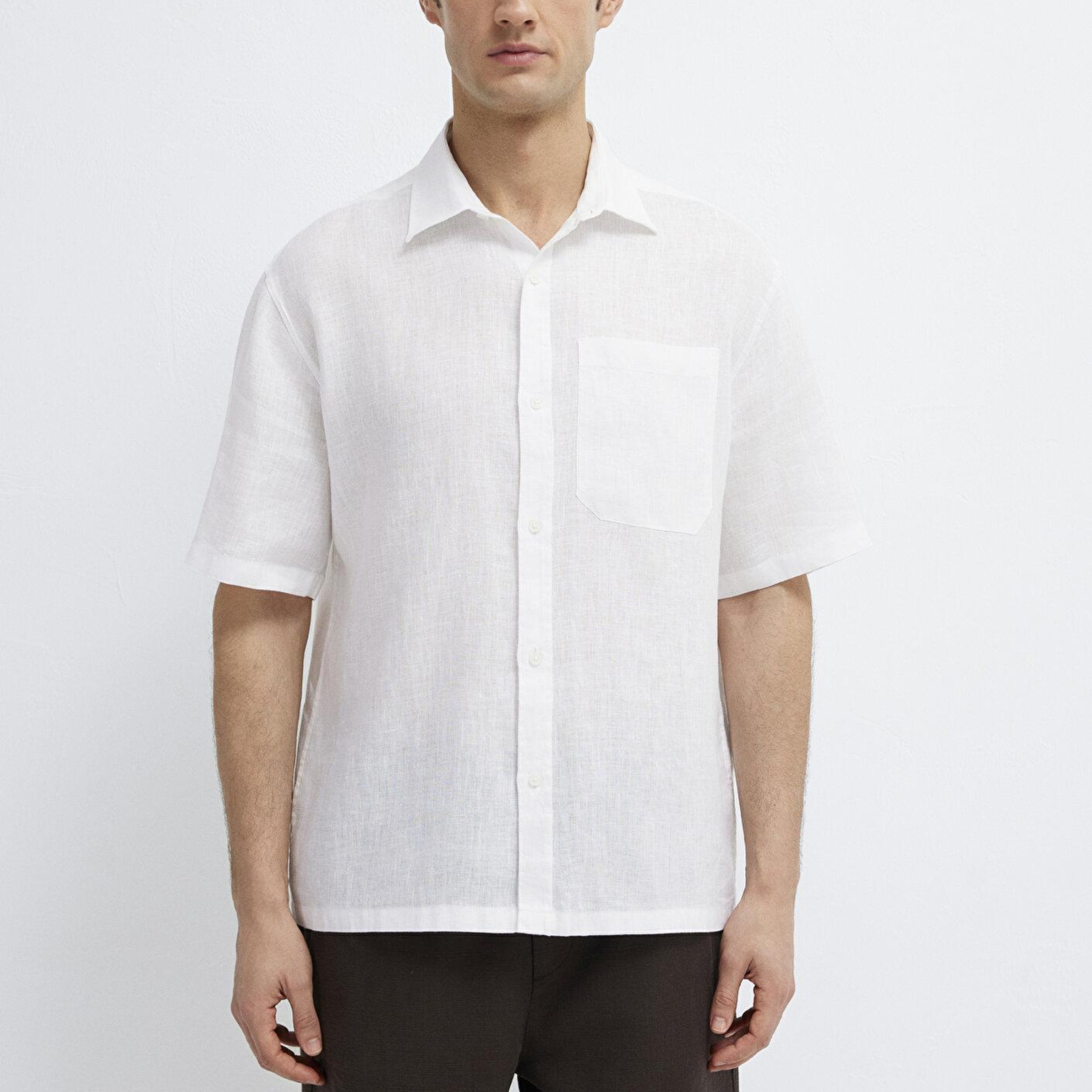 Mavi Beyaz Keten Gömlek Loose Fit / Bol Rahat Kesim 0211966-620