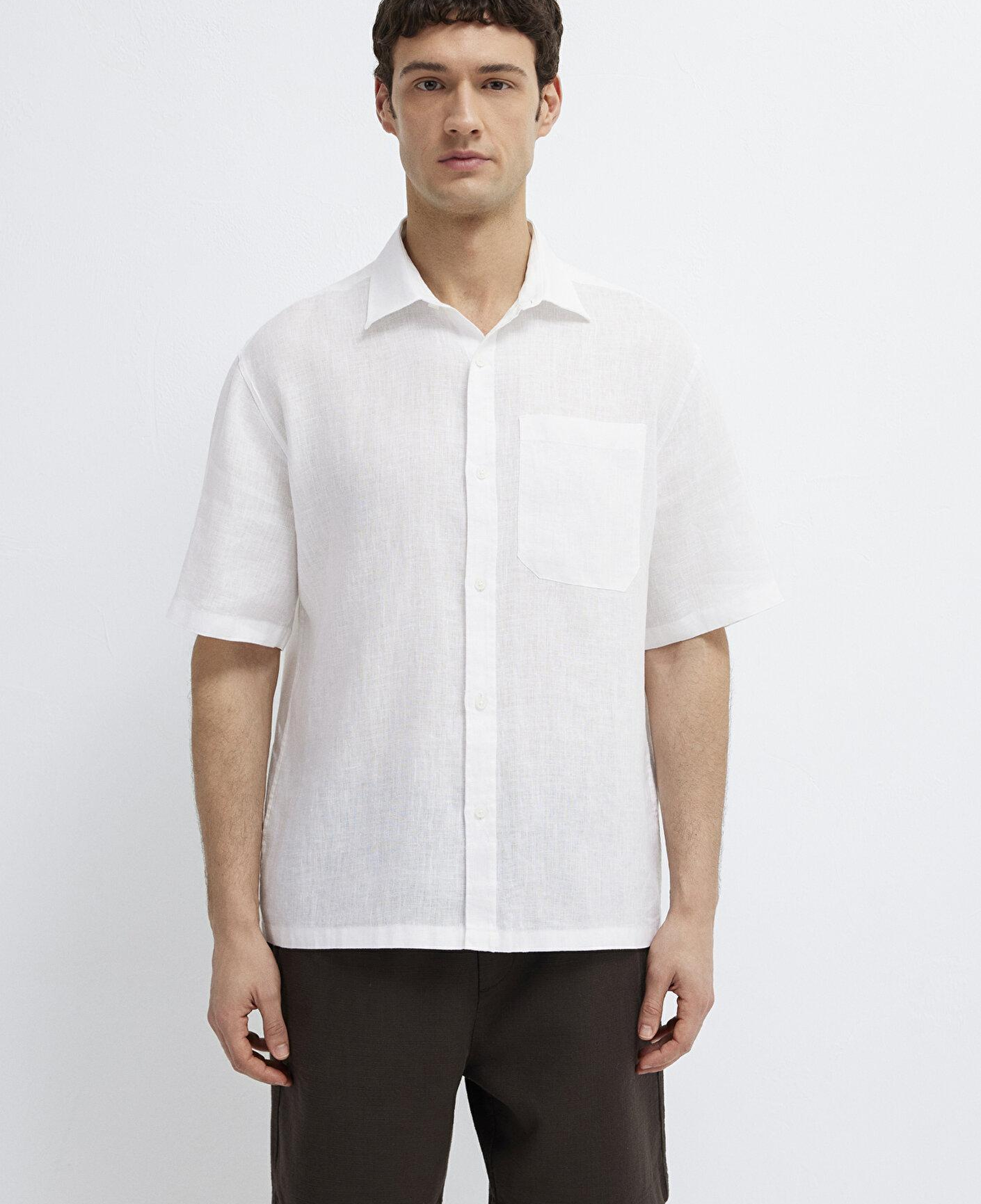 Mavi Beyaz Keten Gömlek Loose Fit / Bol Rahat Kesim 0211966-620