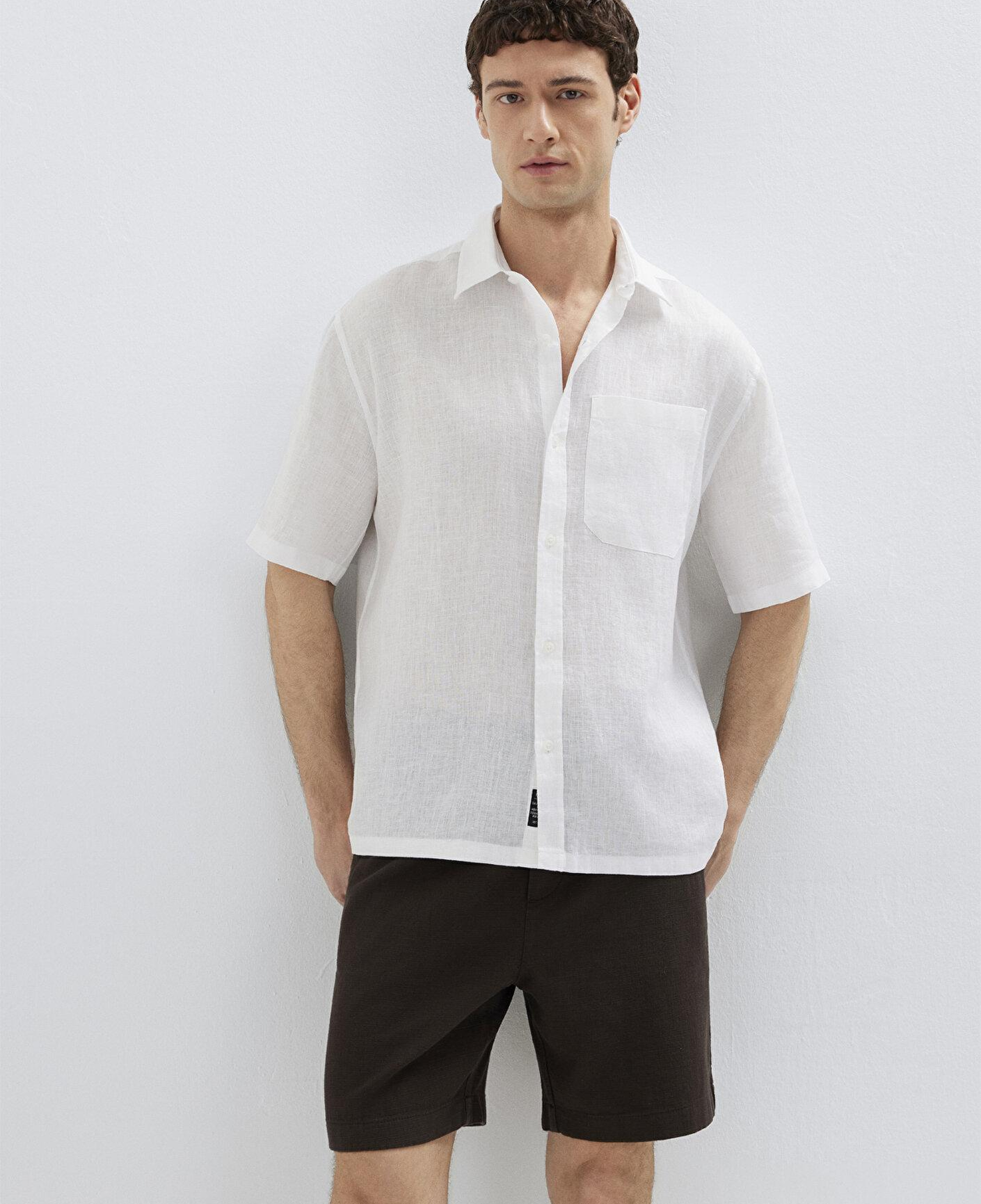 Mavi Beyaz Keten Gömlek Loose Fit / Bol Rahat Kesim 0211966-620