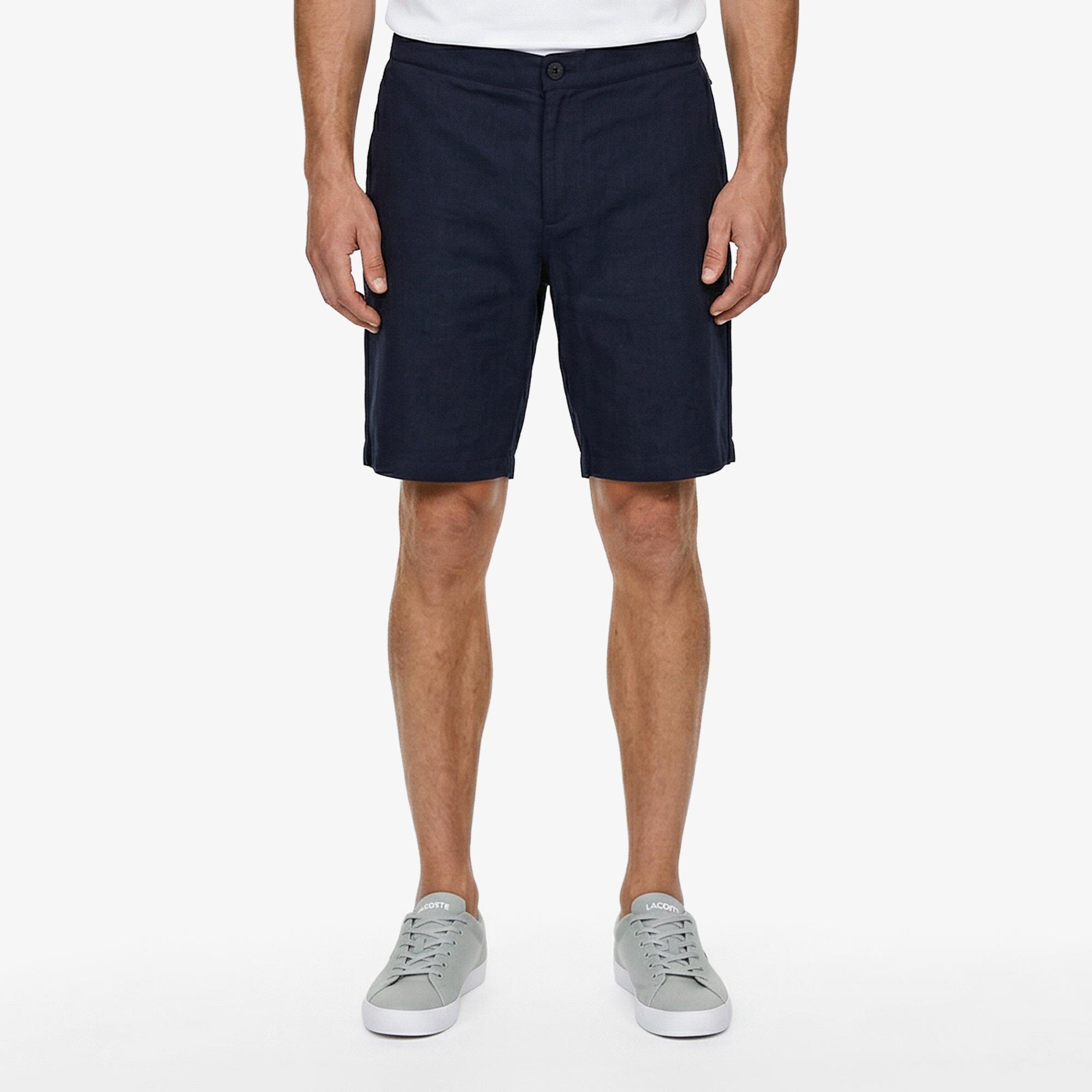 Erkek Tapered Fit Keten Lacivert Bermuda Şort