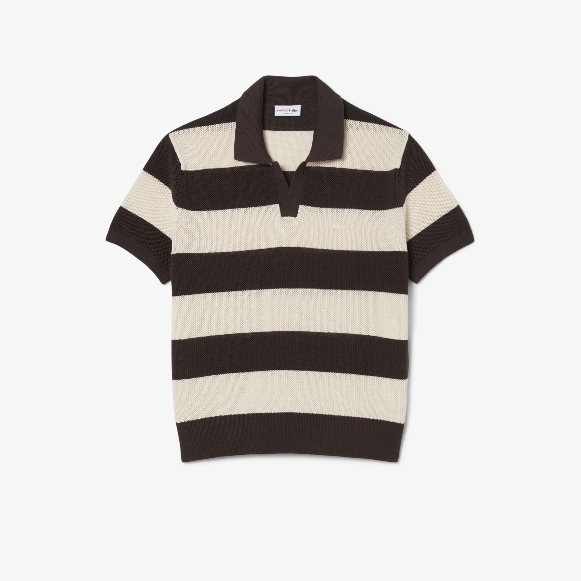 Erkek Classic Fit Kısa Kollu Polo Yaka Çizgili Kahverengi Triko