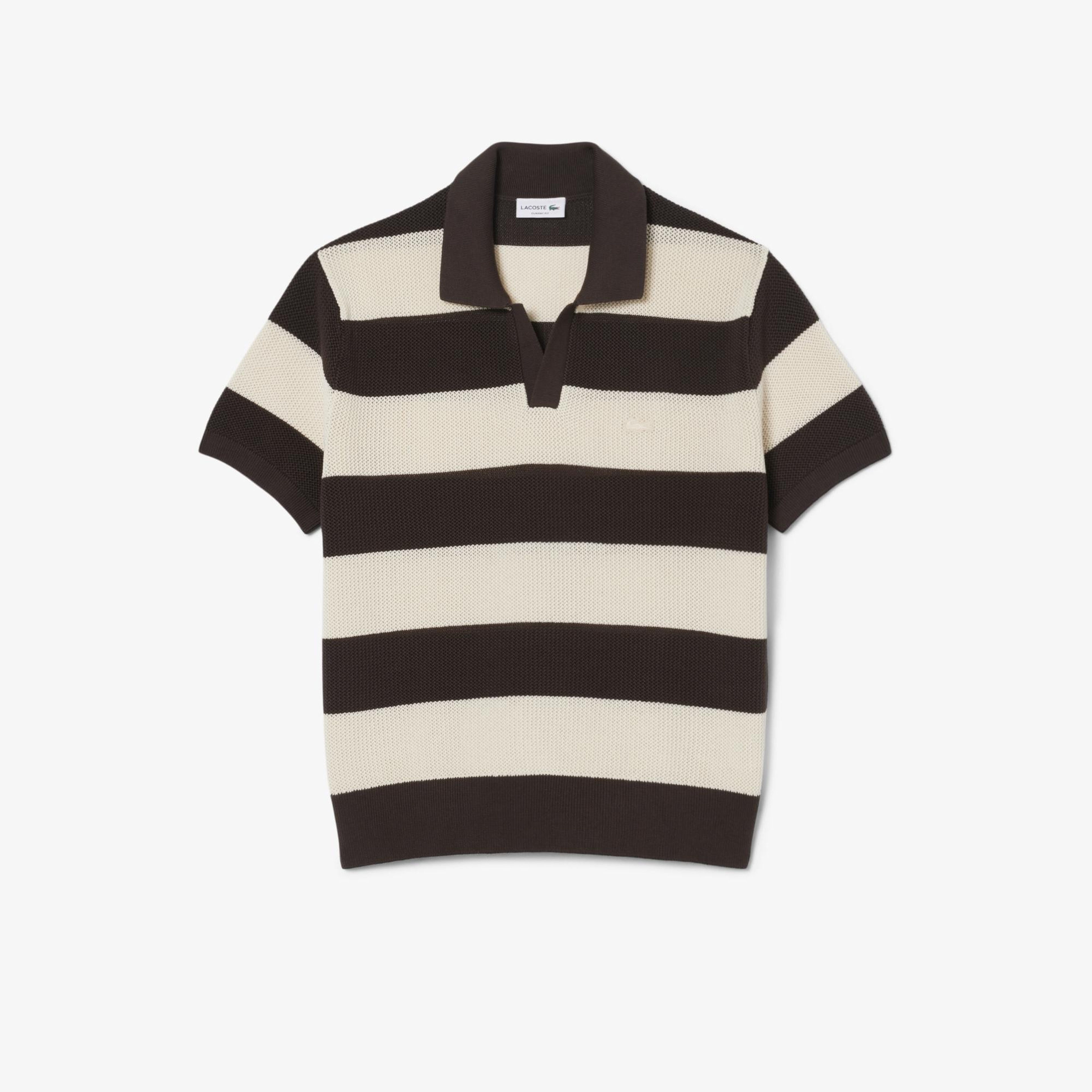 Erkek Classic Fit Kısa Kollu Polo Yaka Çizgili Kahverengi Triko
