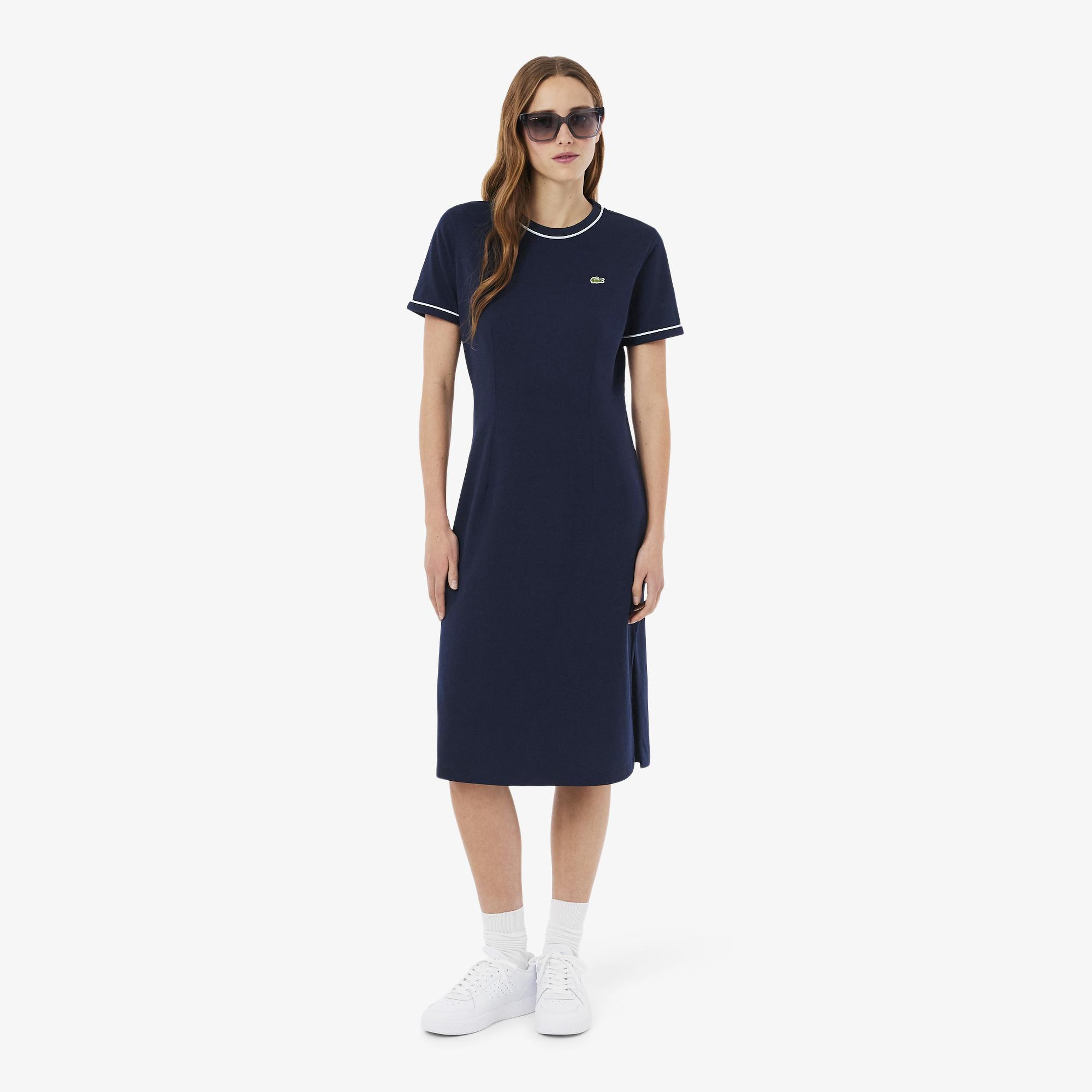 Kadın Slim Fit Kısa Kollu Bisiklet Yaka Organik Pamuk Lacivert Elbise