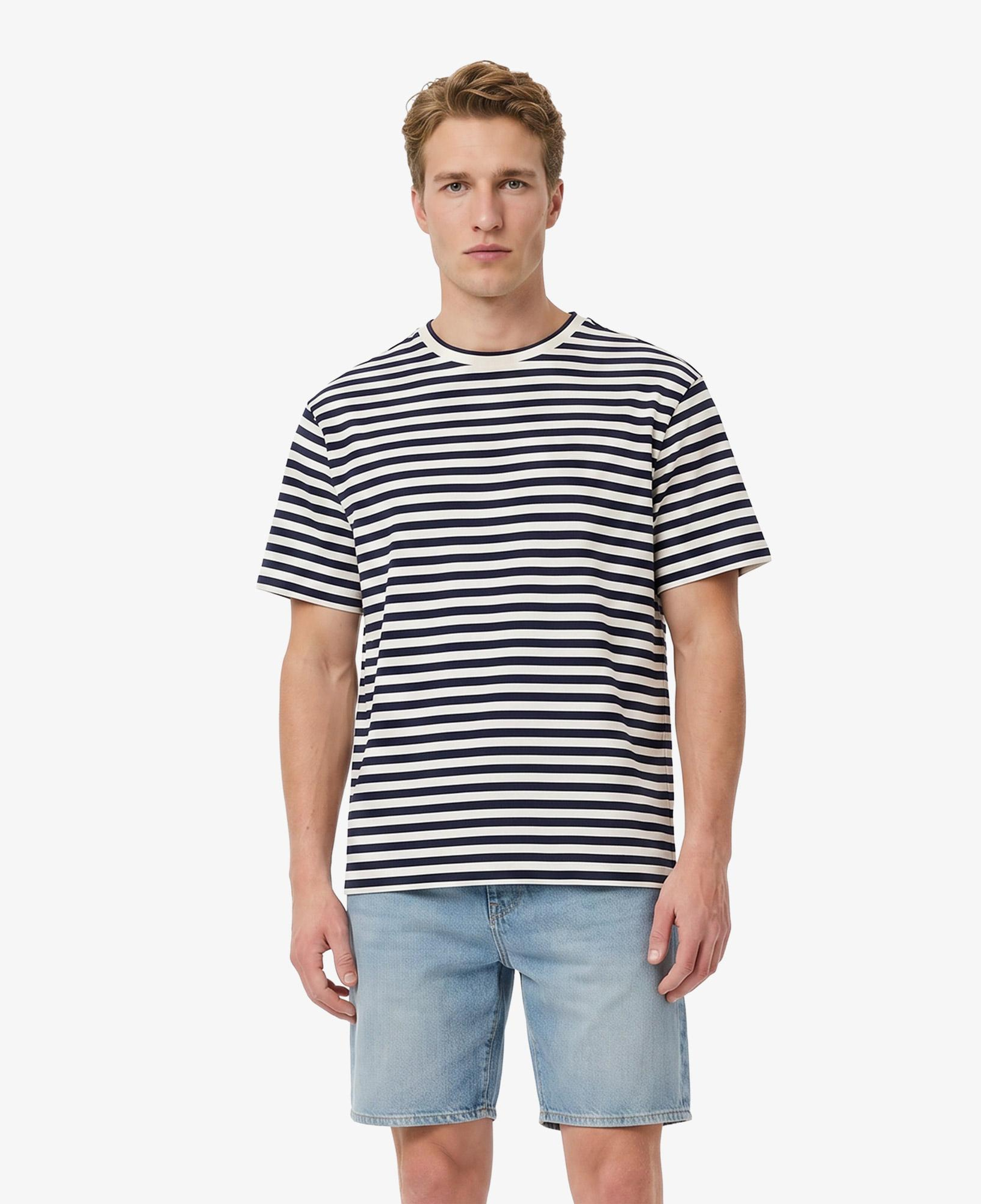 Erkek Relaxed Fit Bisiklet Yaka Çizgili Lacivert T-Shirt