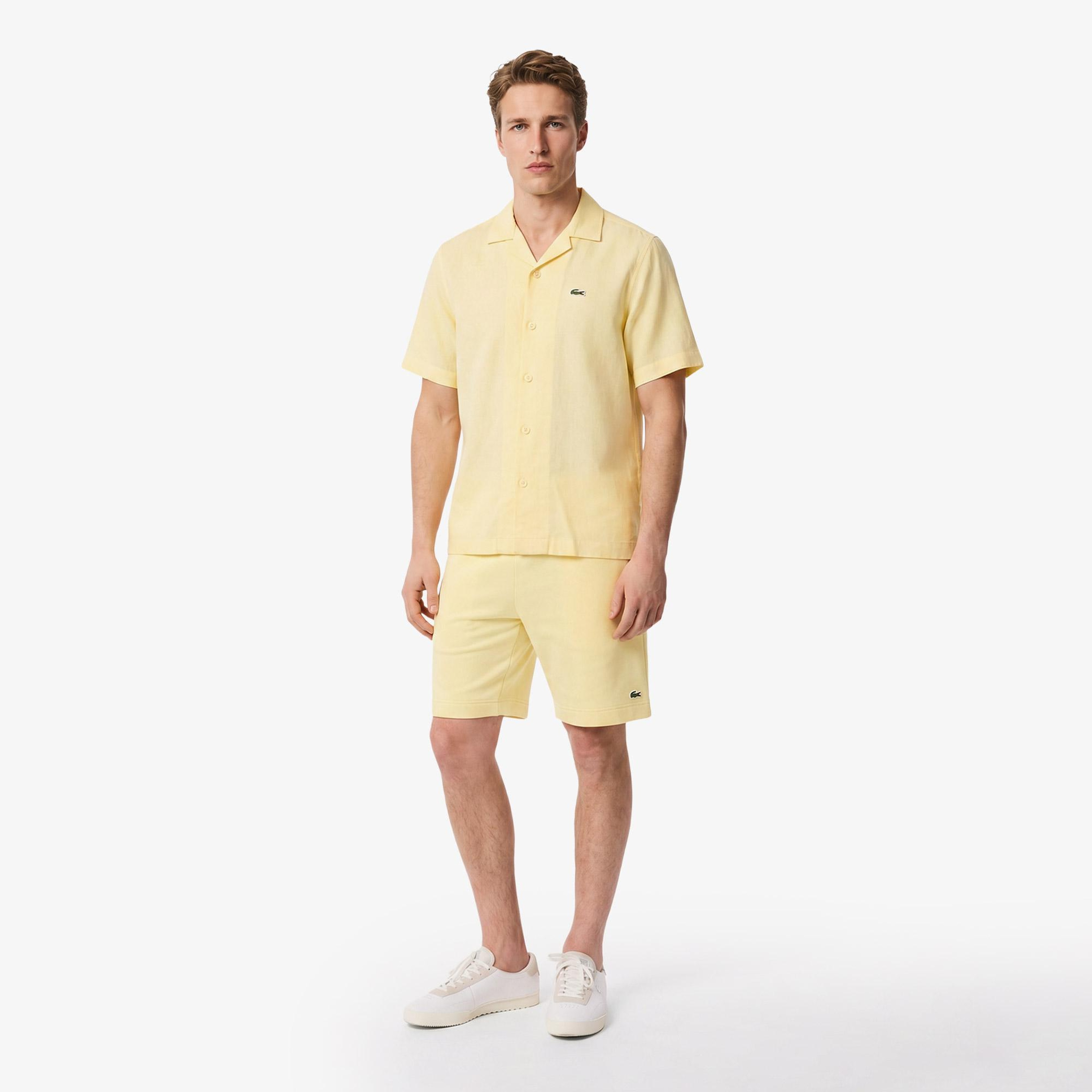 Erkek Relaxed Fit Kısa Kollu Keten Sarı Gömlek