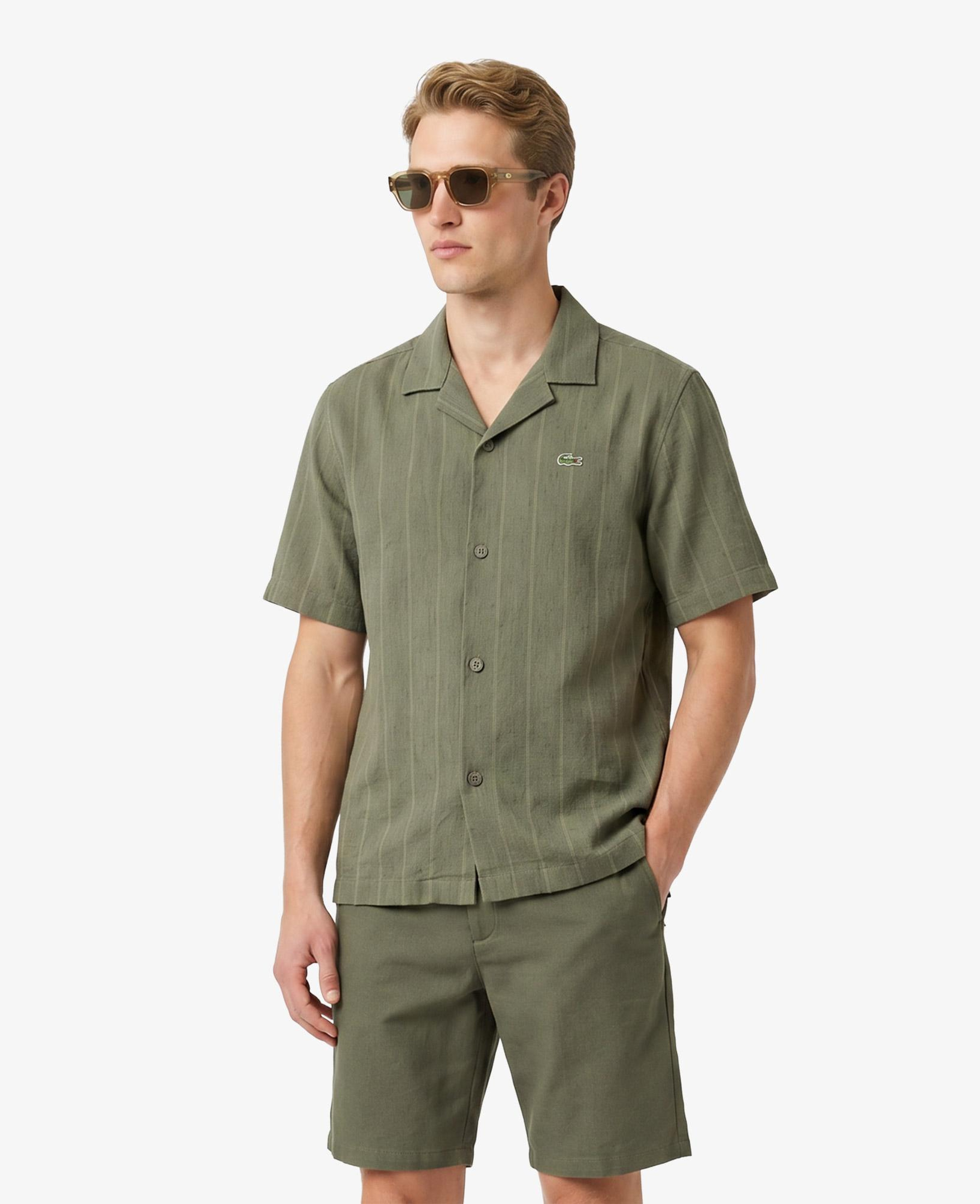 Erkek Relaxed Fit Kısa Kollu Çizgili Haki Gömlek