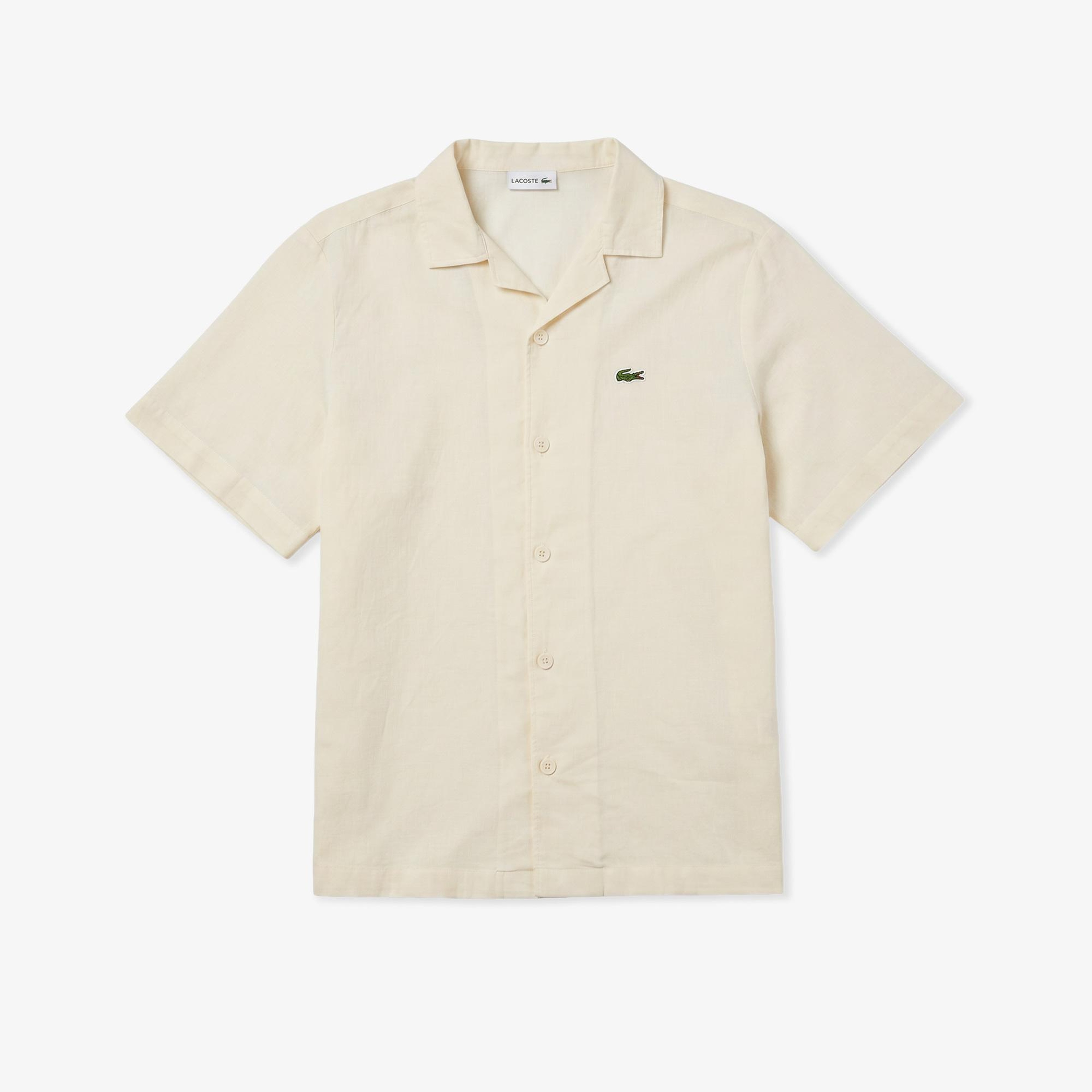 Erkek Relaxed Fit Kısa Kollu Keten Krem Gömlek
