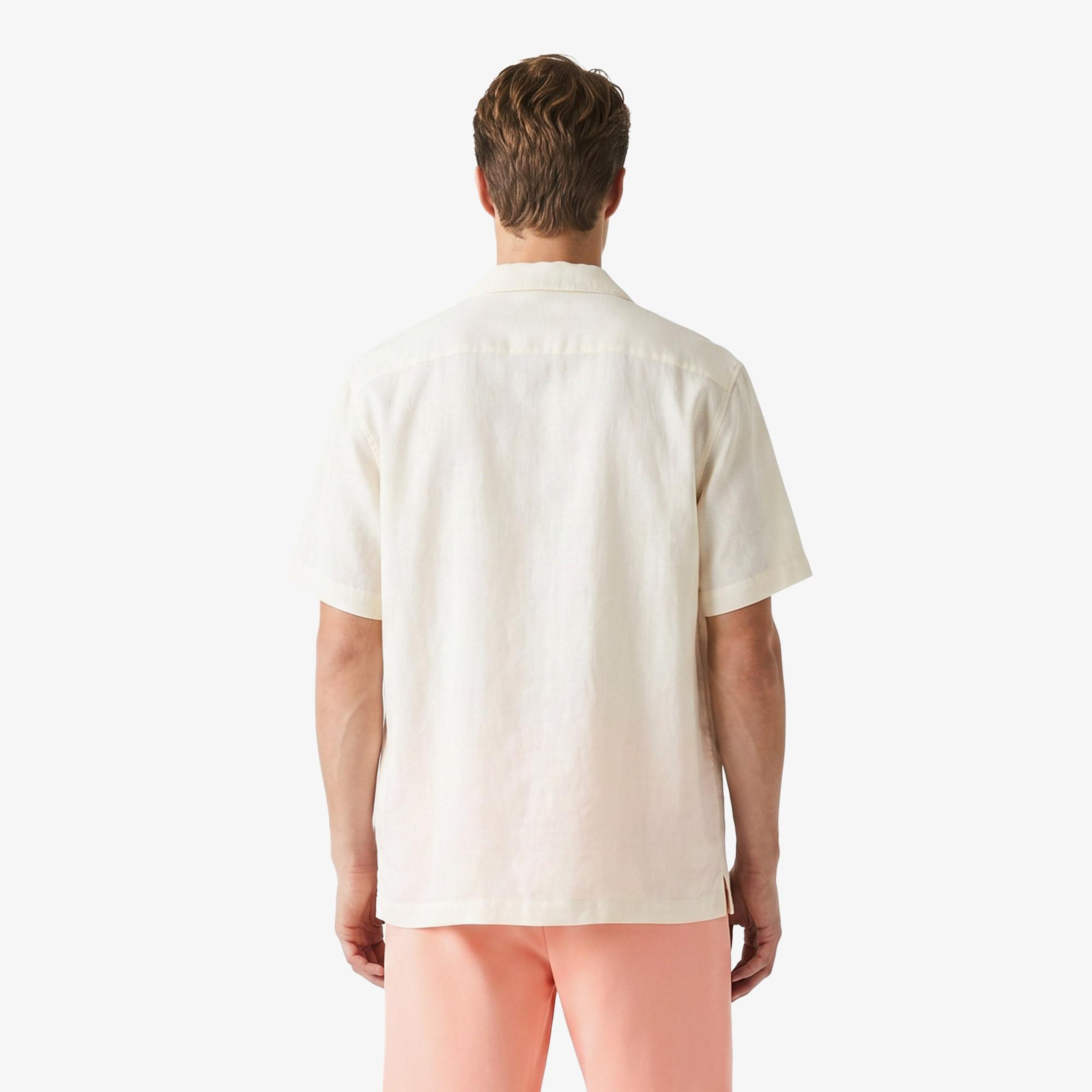 Erkek Relaxed Fit Kısa Kollu Keten Krem Gömlek